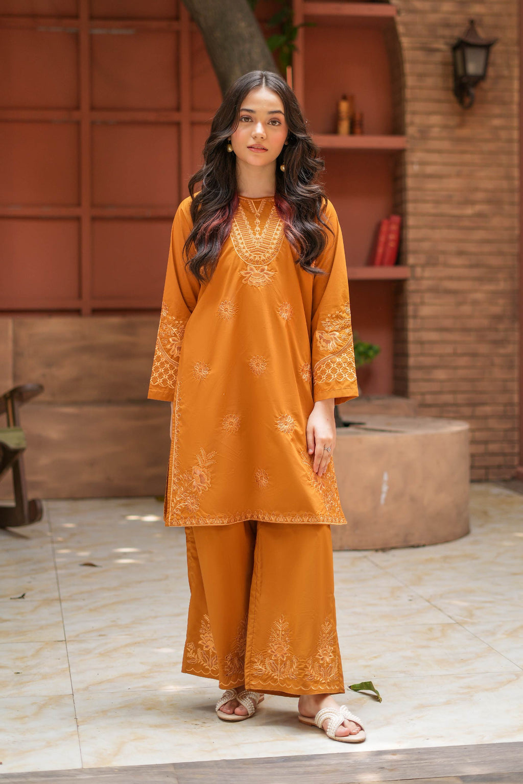 Amber Bloom Premium Cotton Embroidered 2Pc – Burnt Orange (RTW)