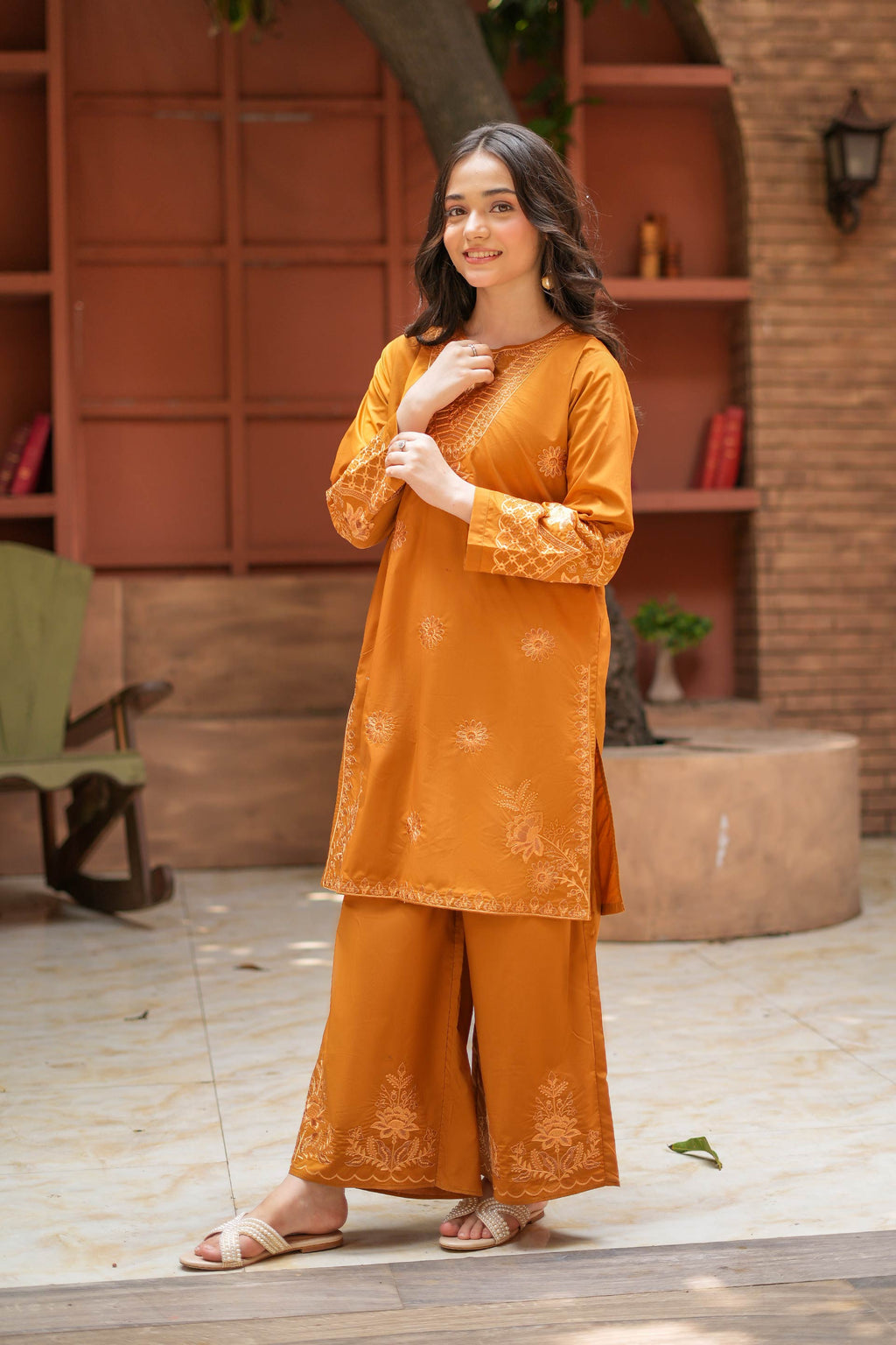 Amber Bloom Premium Cotton Embroidered 2Pc – Burnt Orange (RTW)