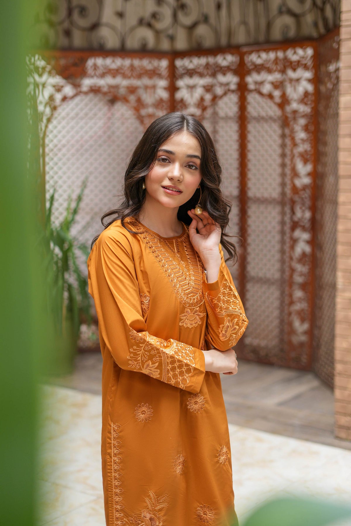 Amber Bloom Premium Cotton Embroidered 2Pc – Burnt Orange (RTW)