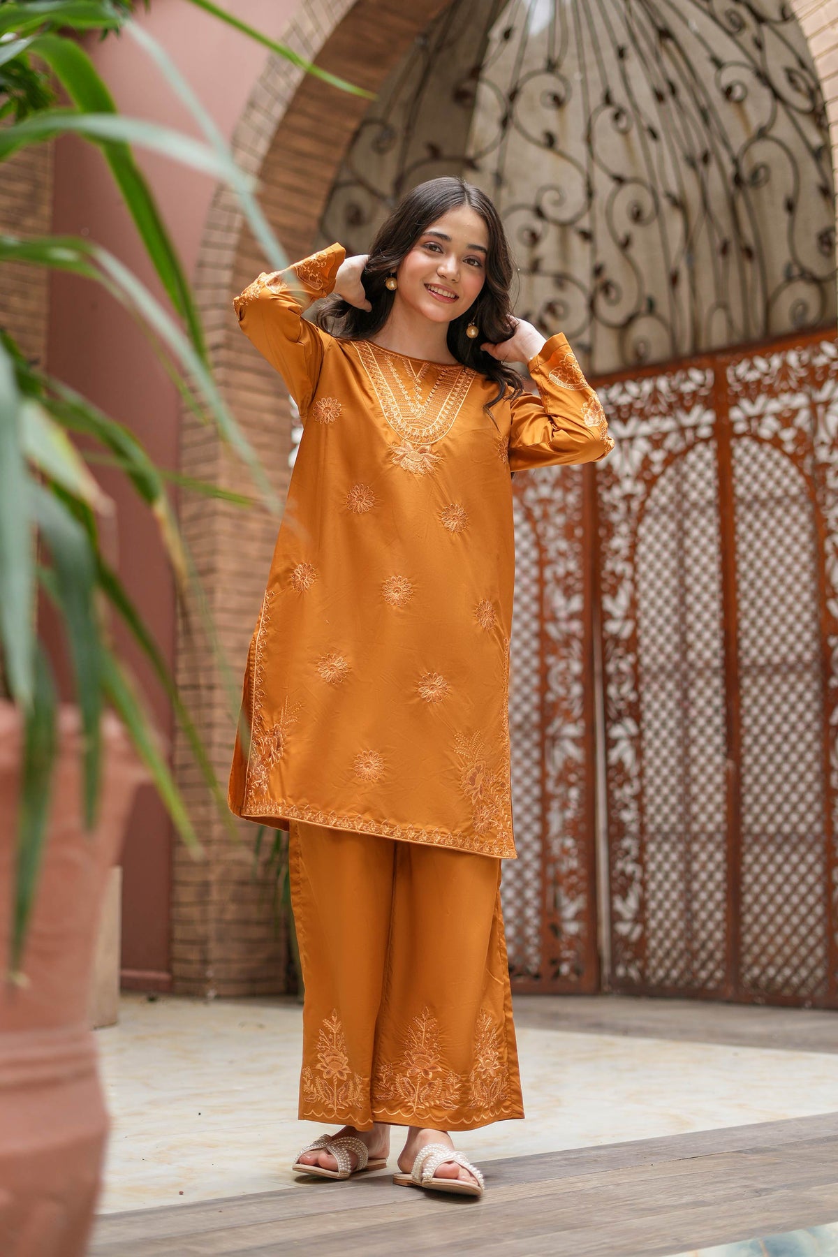 Amber Bloom Premium Cotton Embroidered 2Pc – Burnt Orange (RTW)