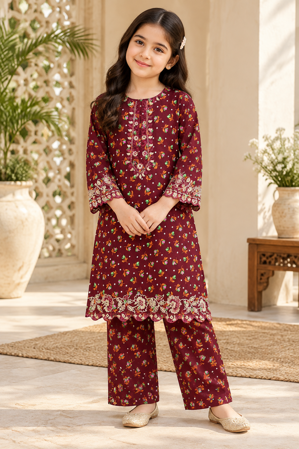 Burgundy Bloom Printed Kotrai Embroidered 2Pc Winter Suit