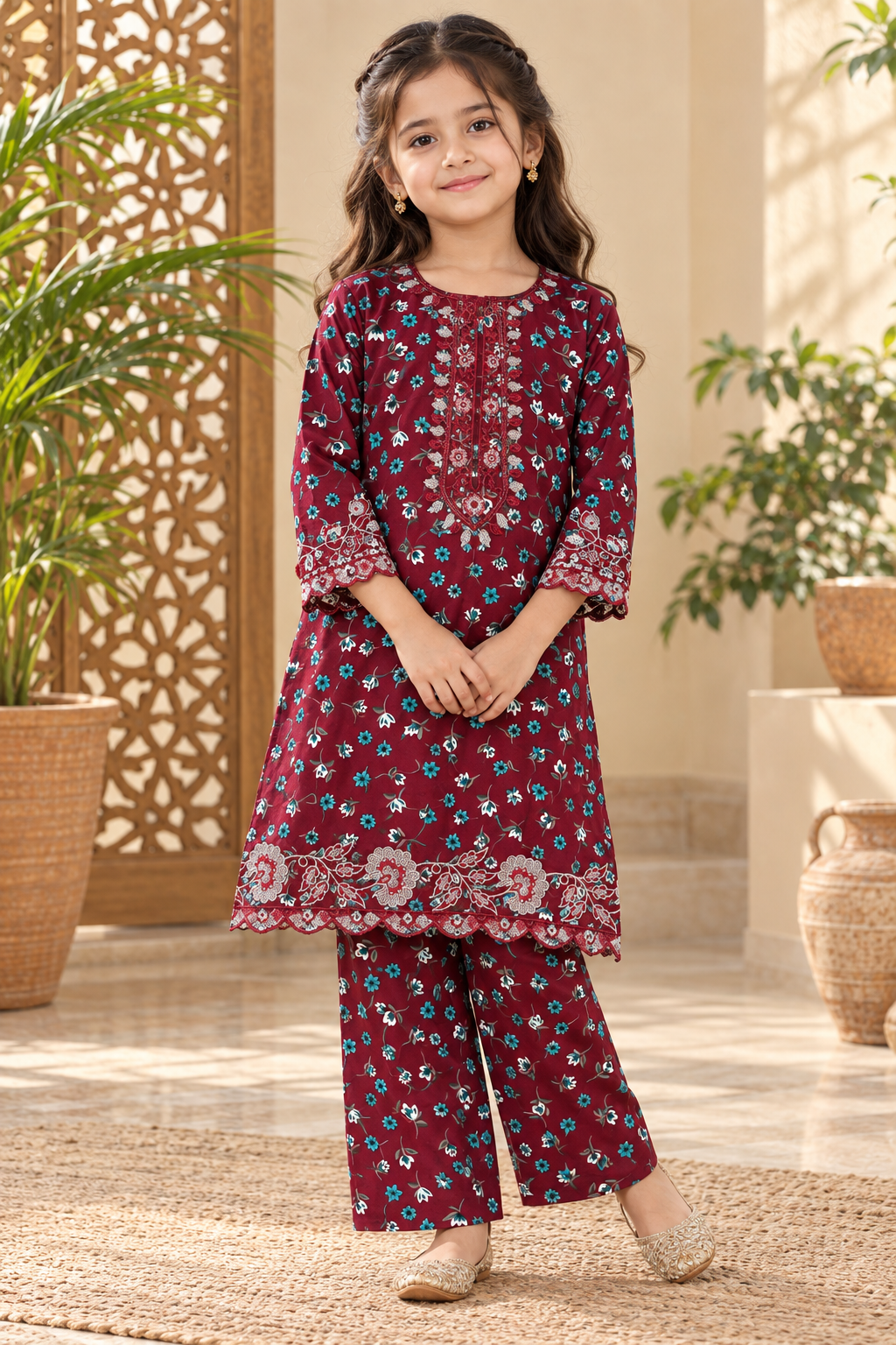 Ruby Blossom Kids Suit Printed Winter Imported Kotrai 2Pc |  Burgundy Bloom