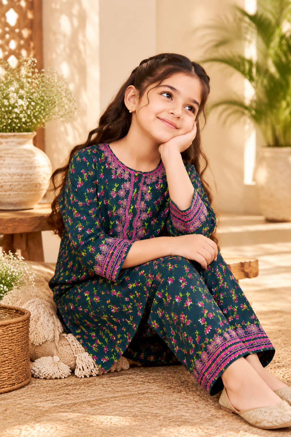 Noorvine Floral Charm Printed Winter Imported Kotrai Embroidered 2Pc | Midnight Teal