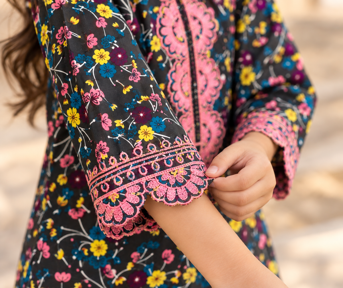 Premium Kotrai Winter 2Pc – Navy with Pink Embroidery