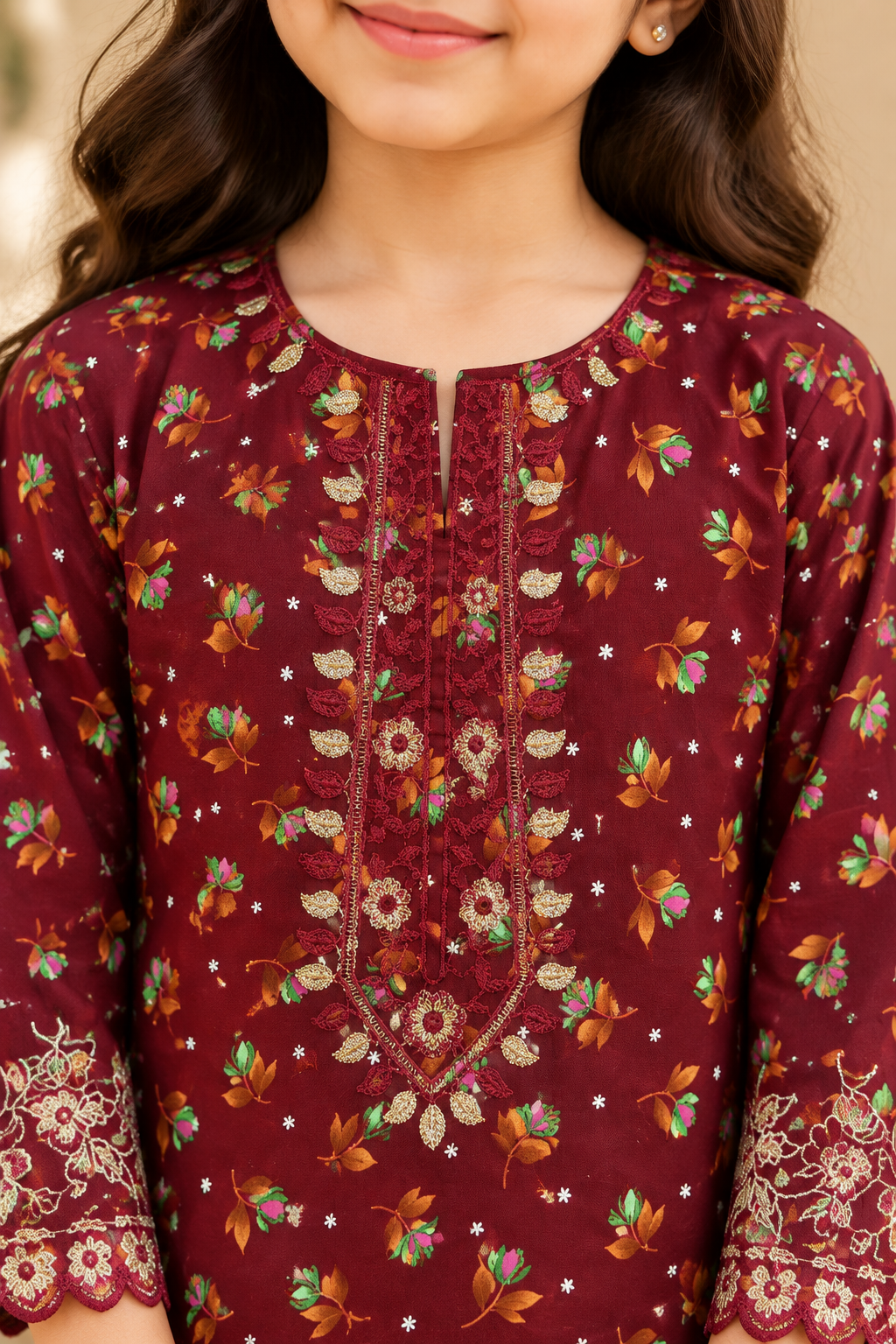 Burgundy Bloom Printed Kotrai Embroidered 2Pc Winter Suit