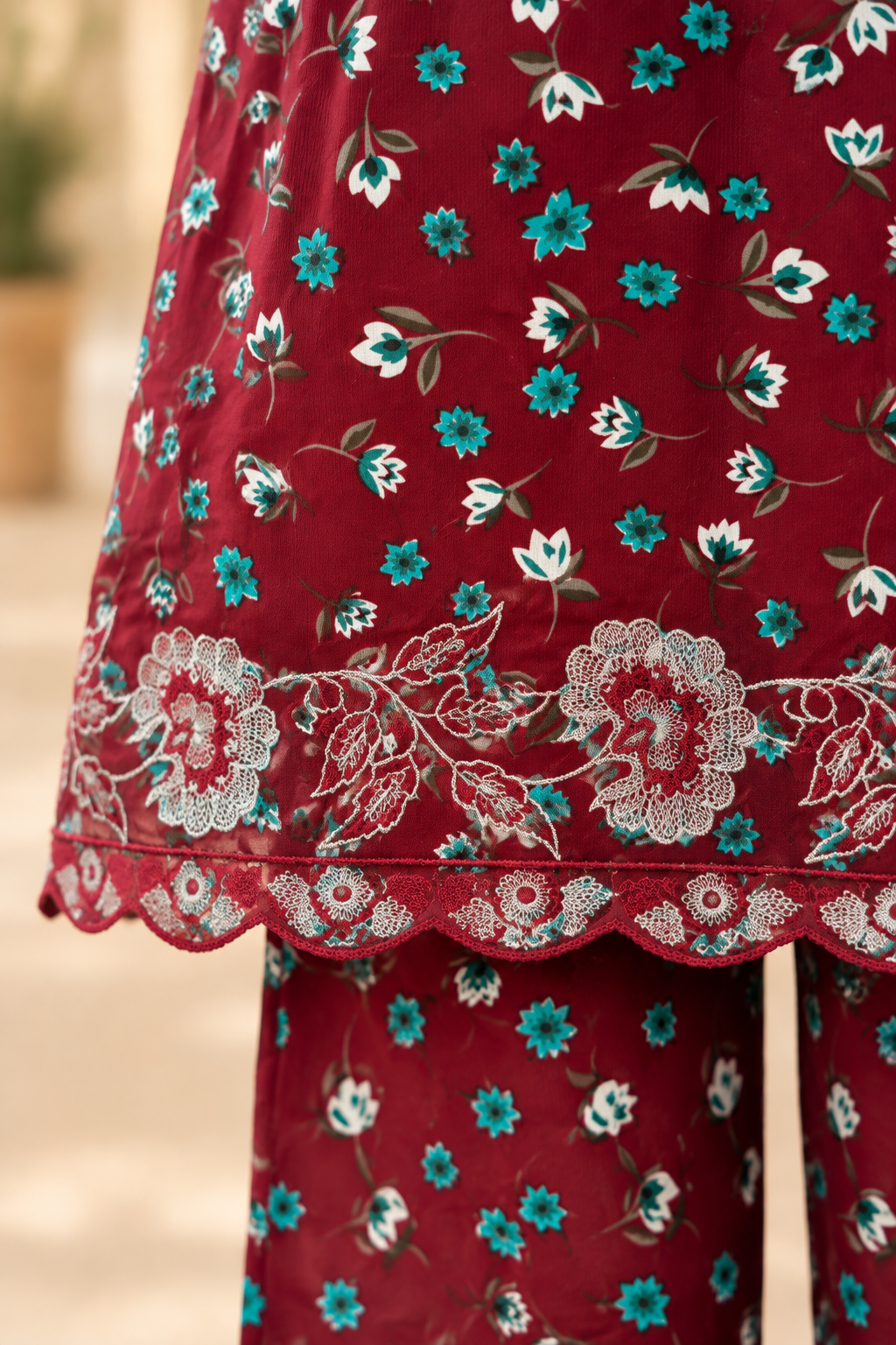Ruby Blossom Kids Suit Printed Winter Imported Kotrai 2Pc |  Burgundy Bloom