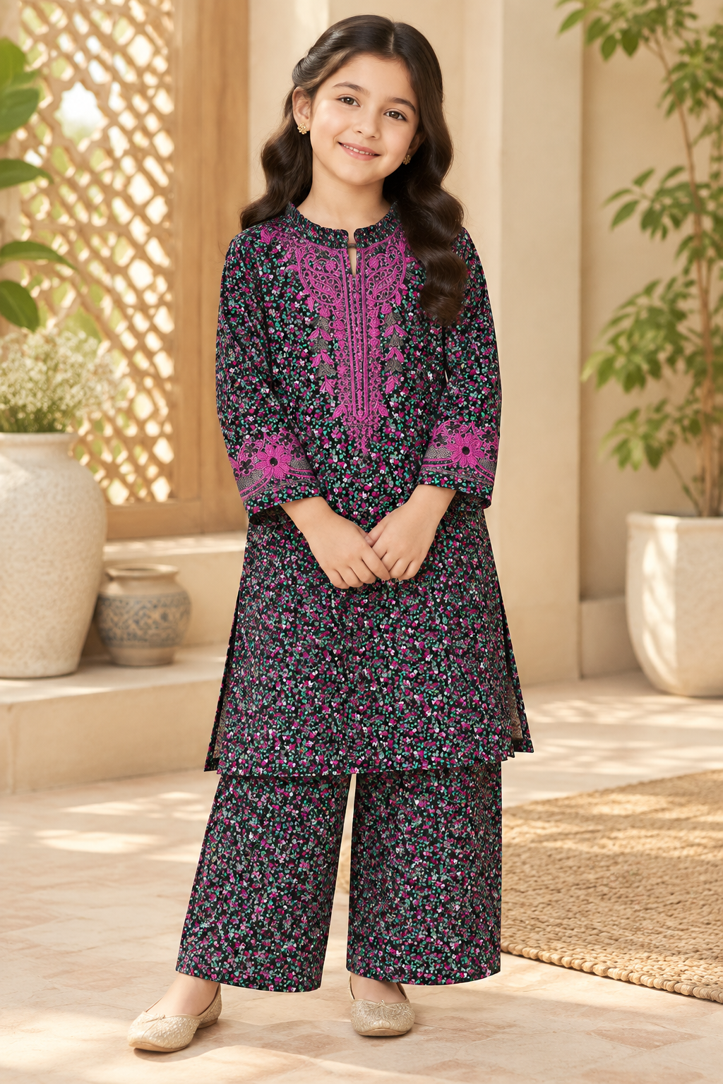 Premium Floral Kotrai 2Pc Winter Suit With Pink Embroidery