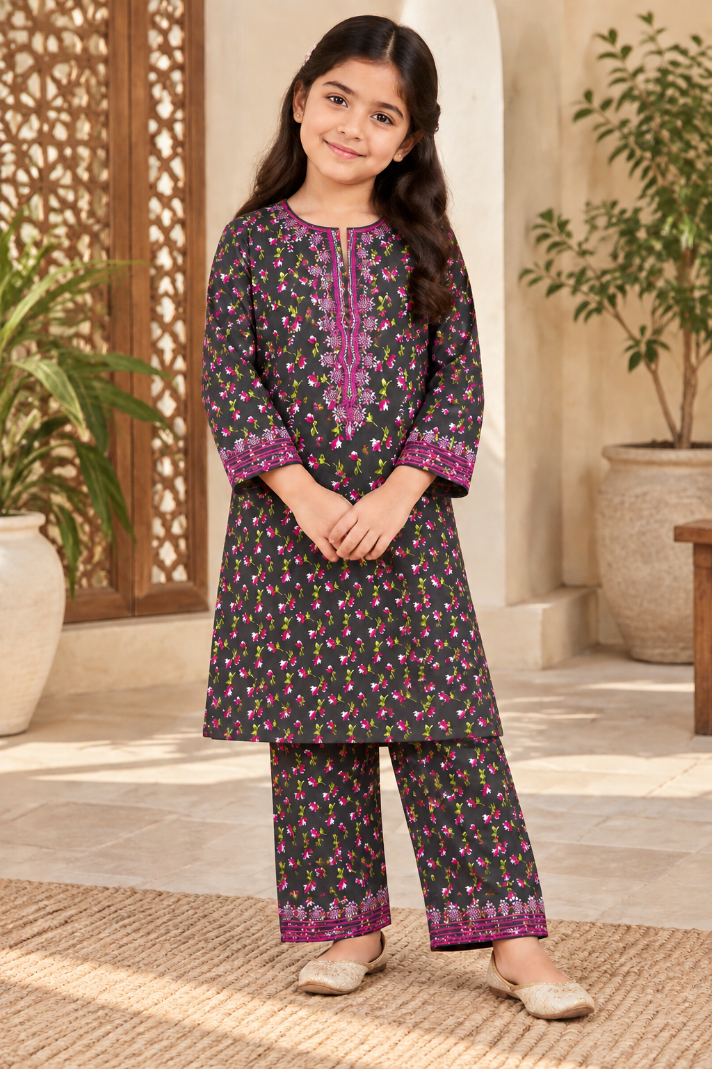 Charcoal Bloom Printed Kotrai Embroidered 2Pc Winter Suit
