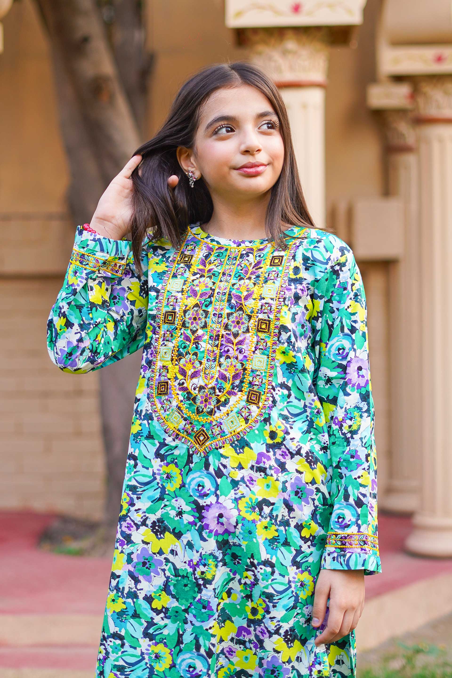 Little Tropical Bloom Suit – Printed China Lawn Green (RTW)