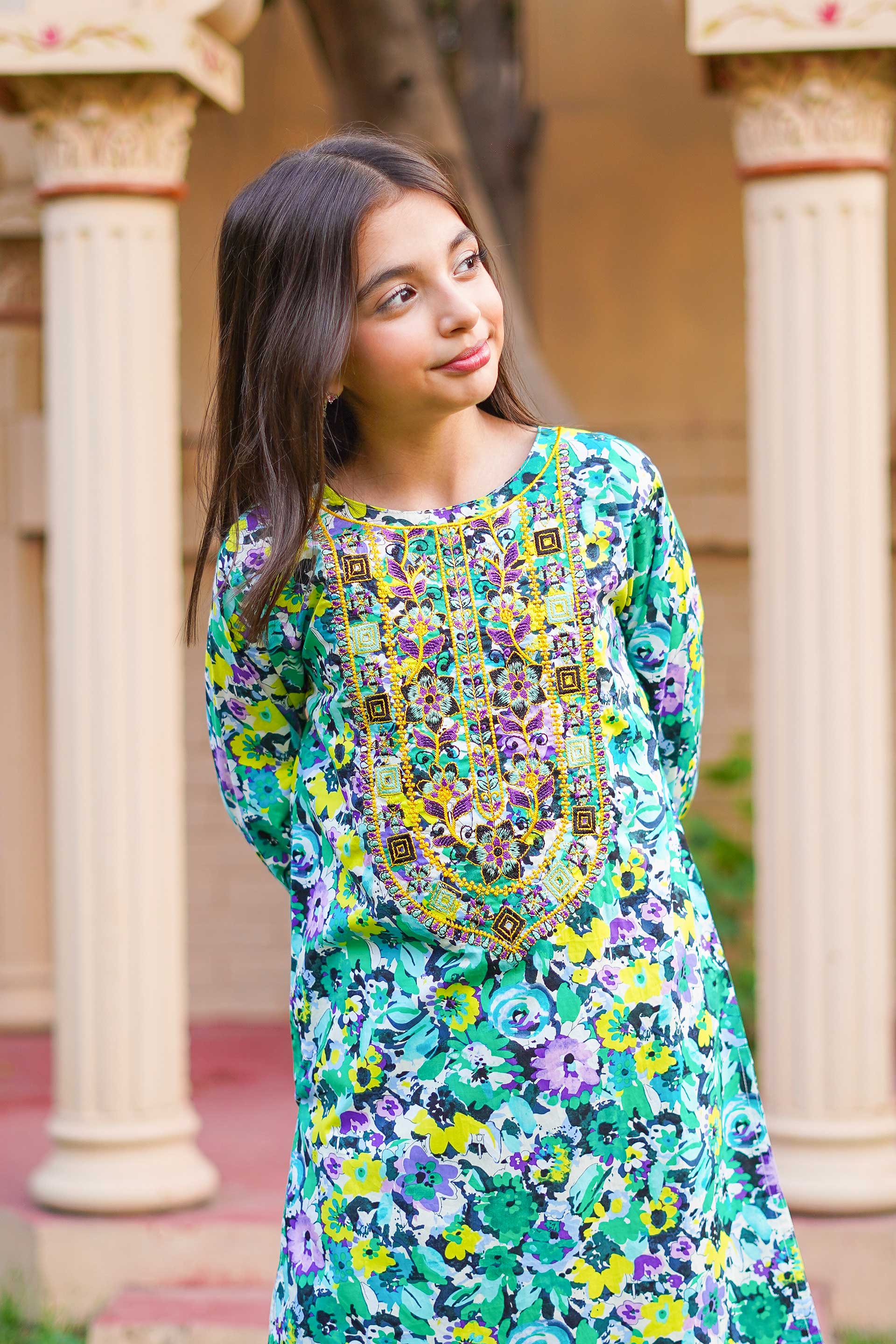Little Tropical Bloom Suit – Printed China Lawn Green (RTW)