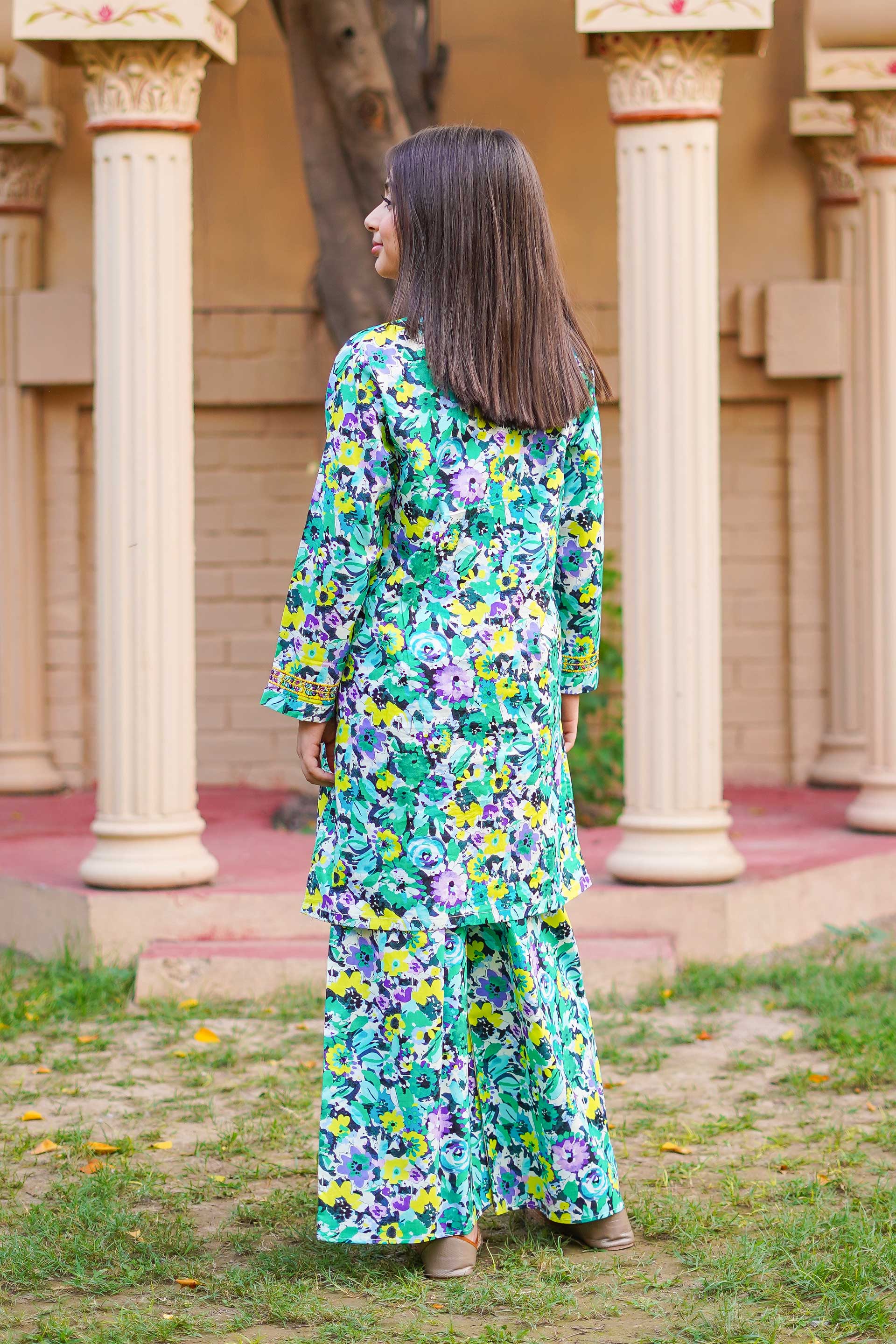 Little Tropical Bloom Suit – Printed China Lawn Green (RTW)