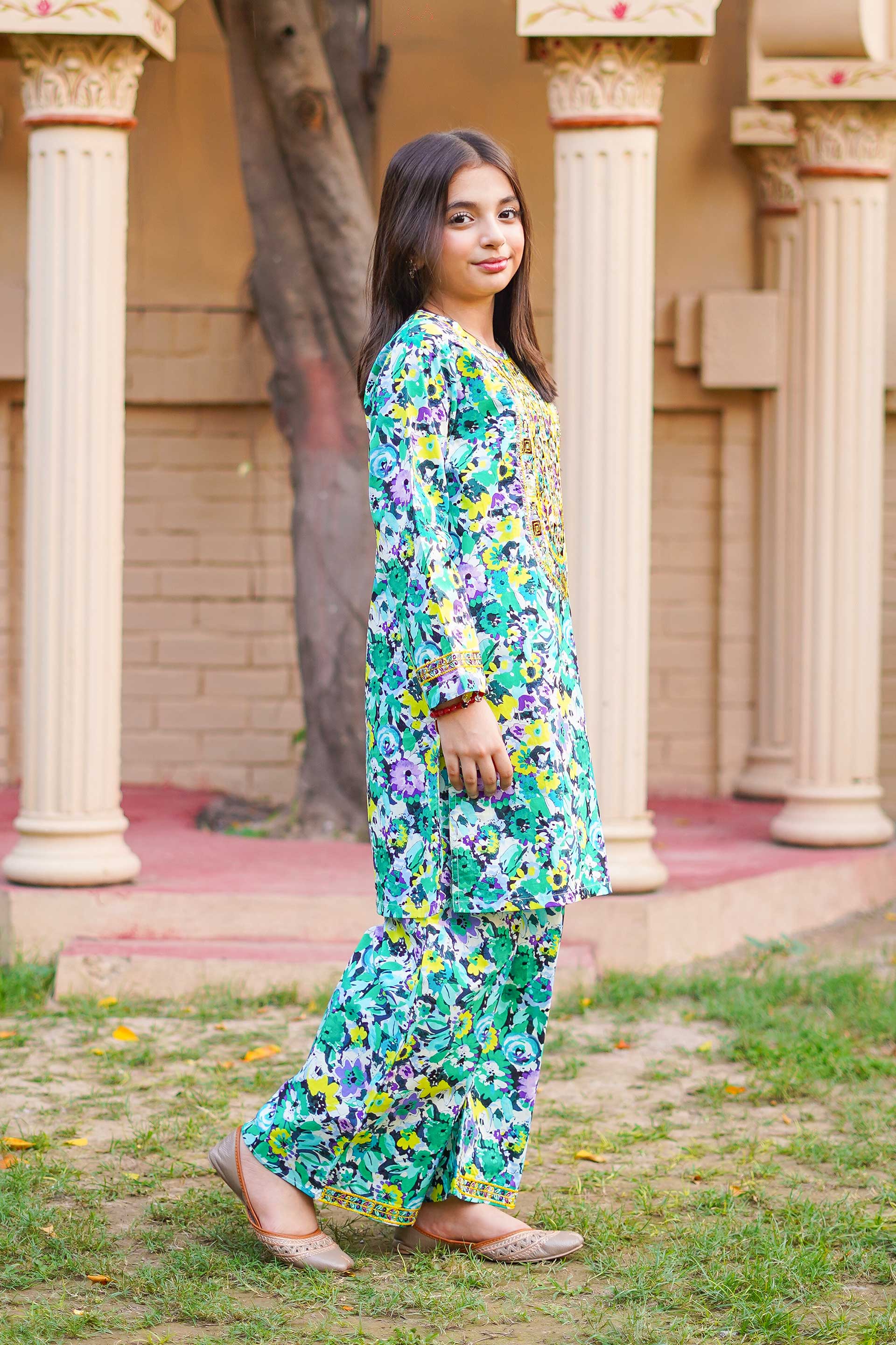 Little Tropical Bloom Suit – Printed China Lawn Green (RTW)
