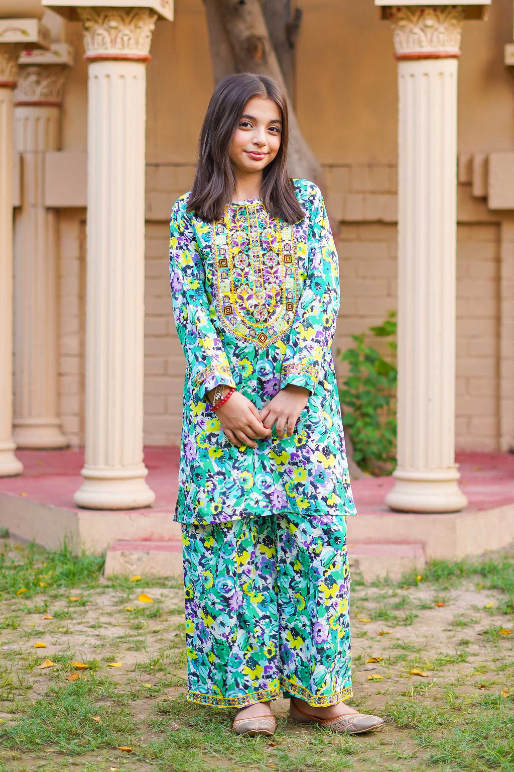 Little Tropical Bloom Suit – Printed China Lawn Green (RTW)
