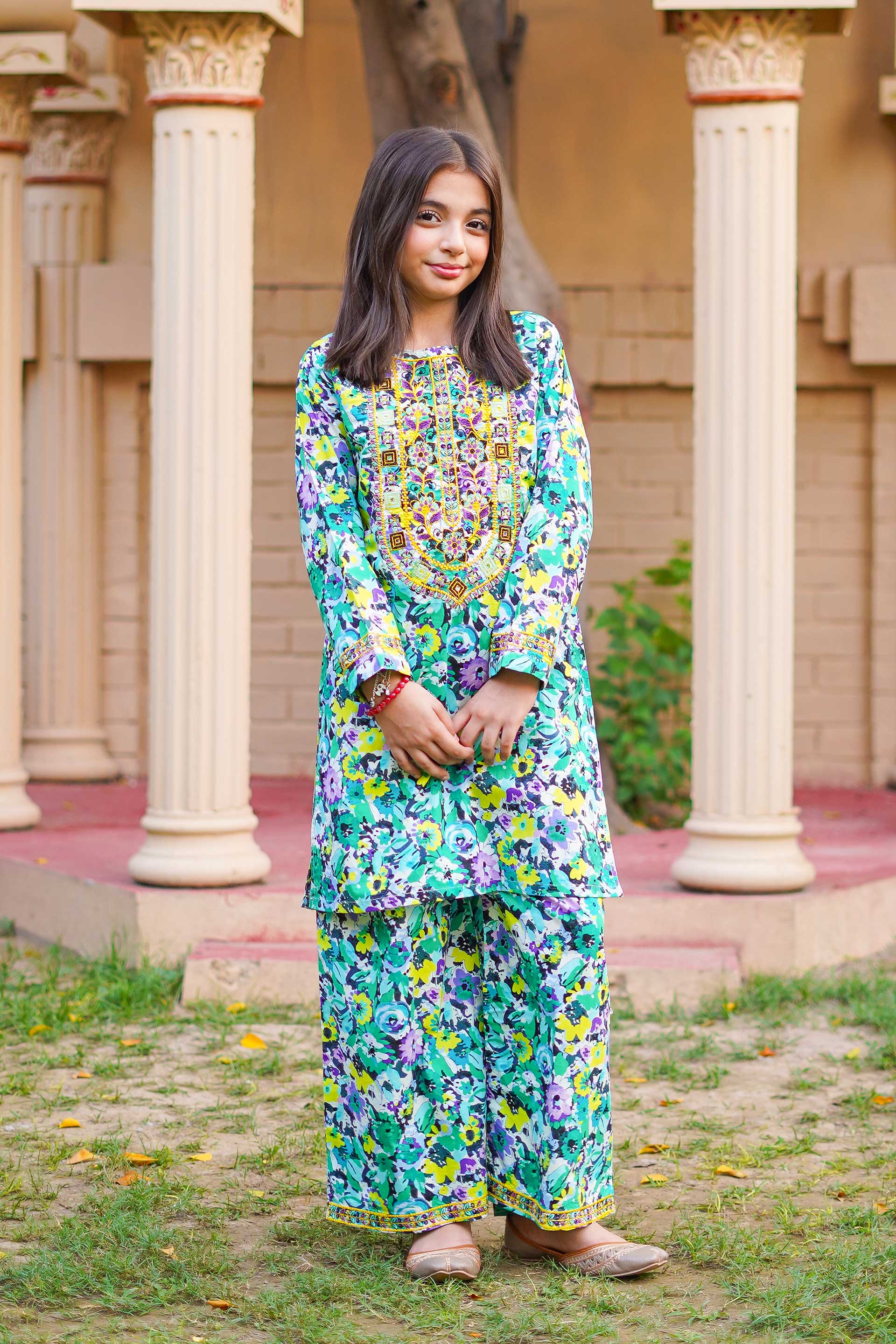 Little Tropical Bloom Suit – Printed China Lawn Green (RTW)