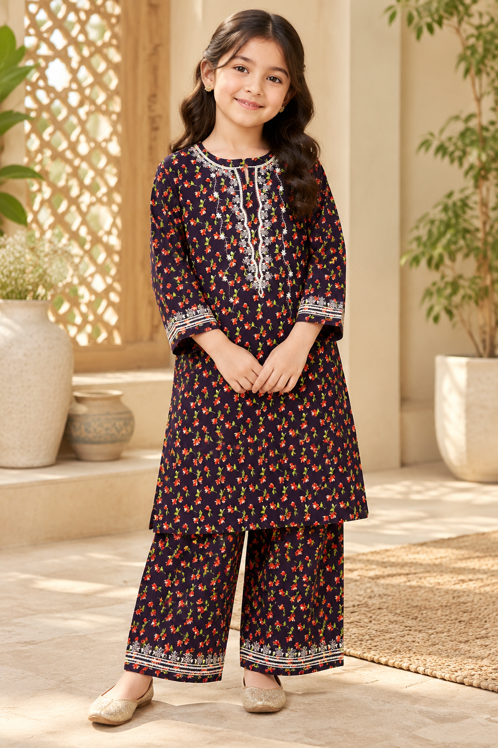 Stylish Winter Kotrai 2Pc – Navy Floral Embroidery