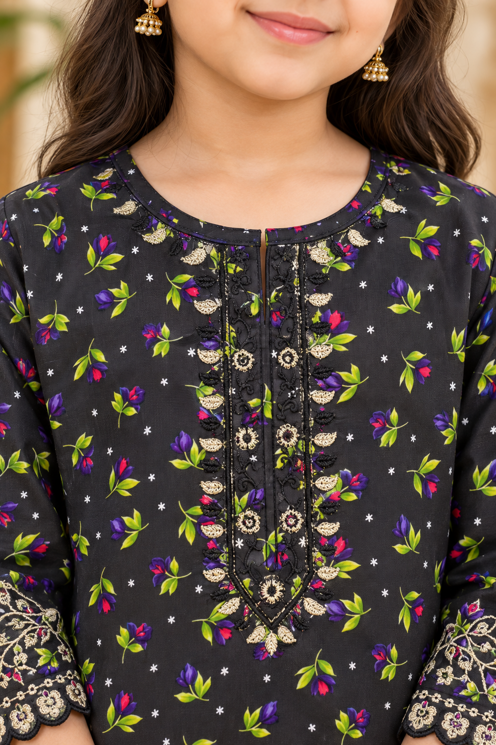Noir Bloom Kids Suit Printed Winter Imported Kotrai with Embroidery 2Pc | Charcoal Black (RTW)