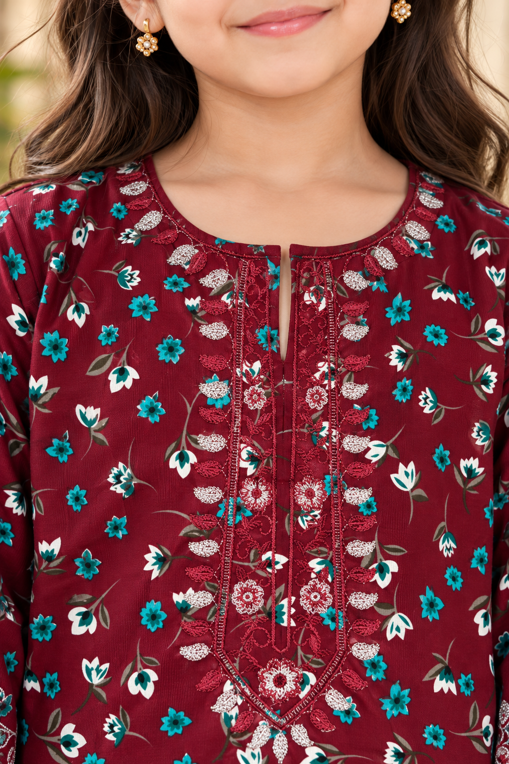 Ruby Blossom Kids Suit Printed Winter Imported Kotrai 2Pc |  Burgundy Bloom