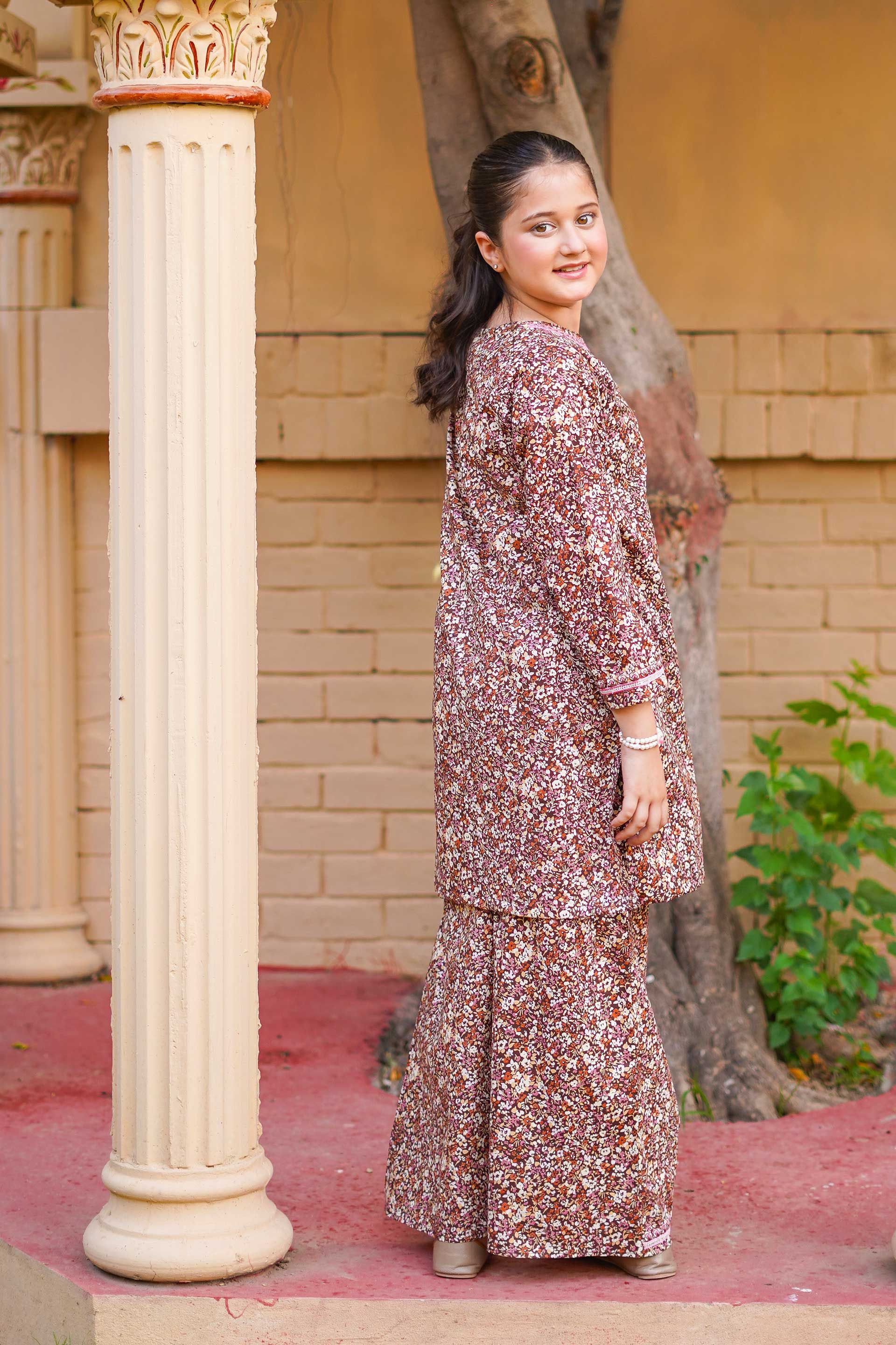 Cocoa Blossom Charm – Imported Printed China Lawn 2Pc – Coffee Brown (RTW)