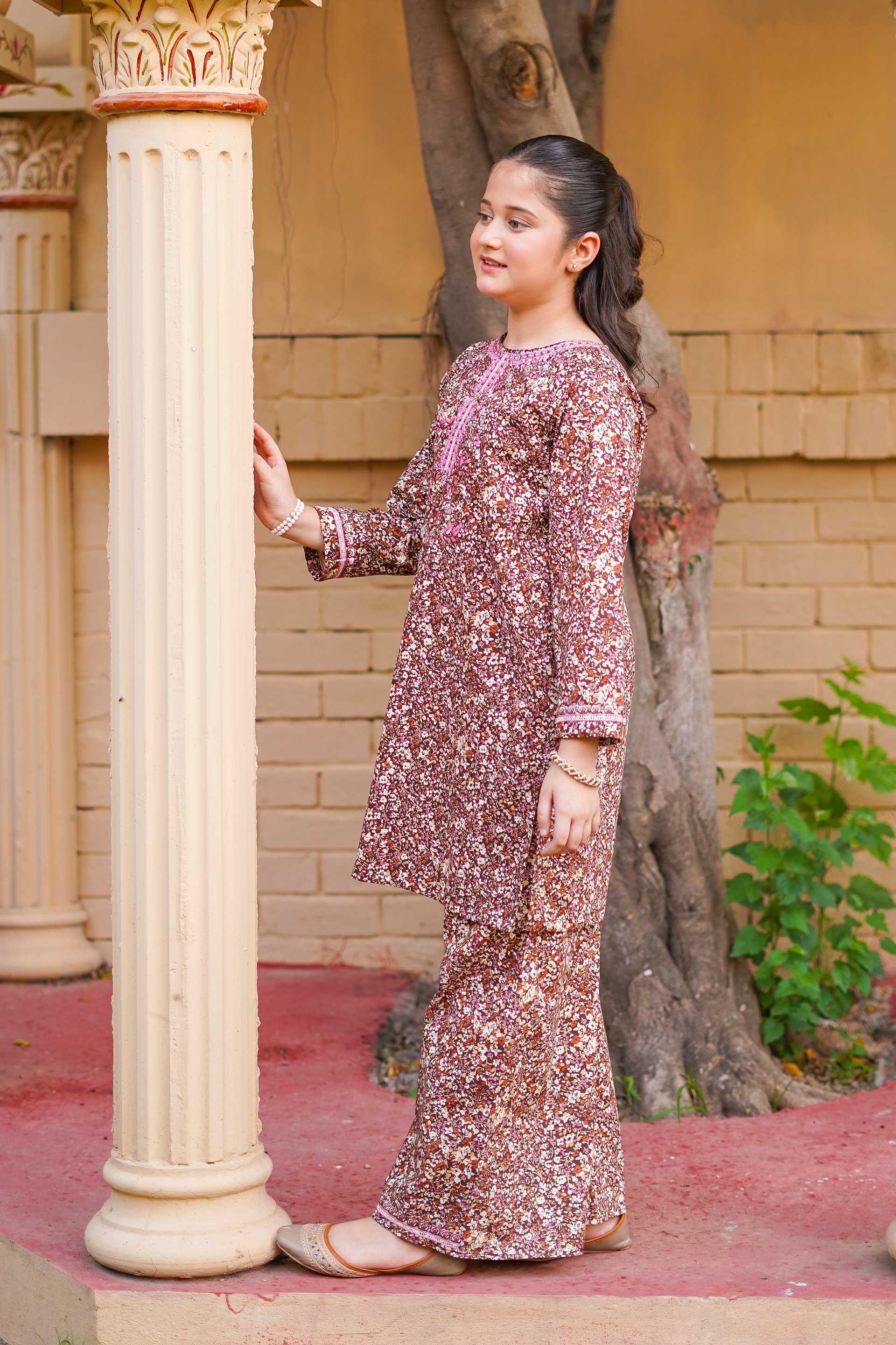 Cocoa Blossom Charm – Imported Printed China Lawn 2Pc – Coffee Brown (RTW)