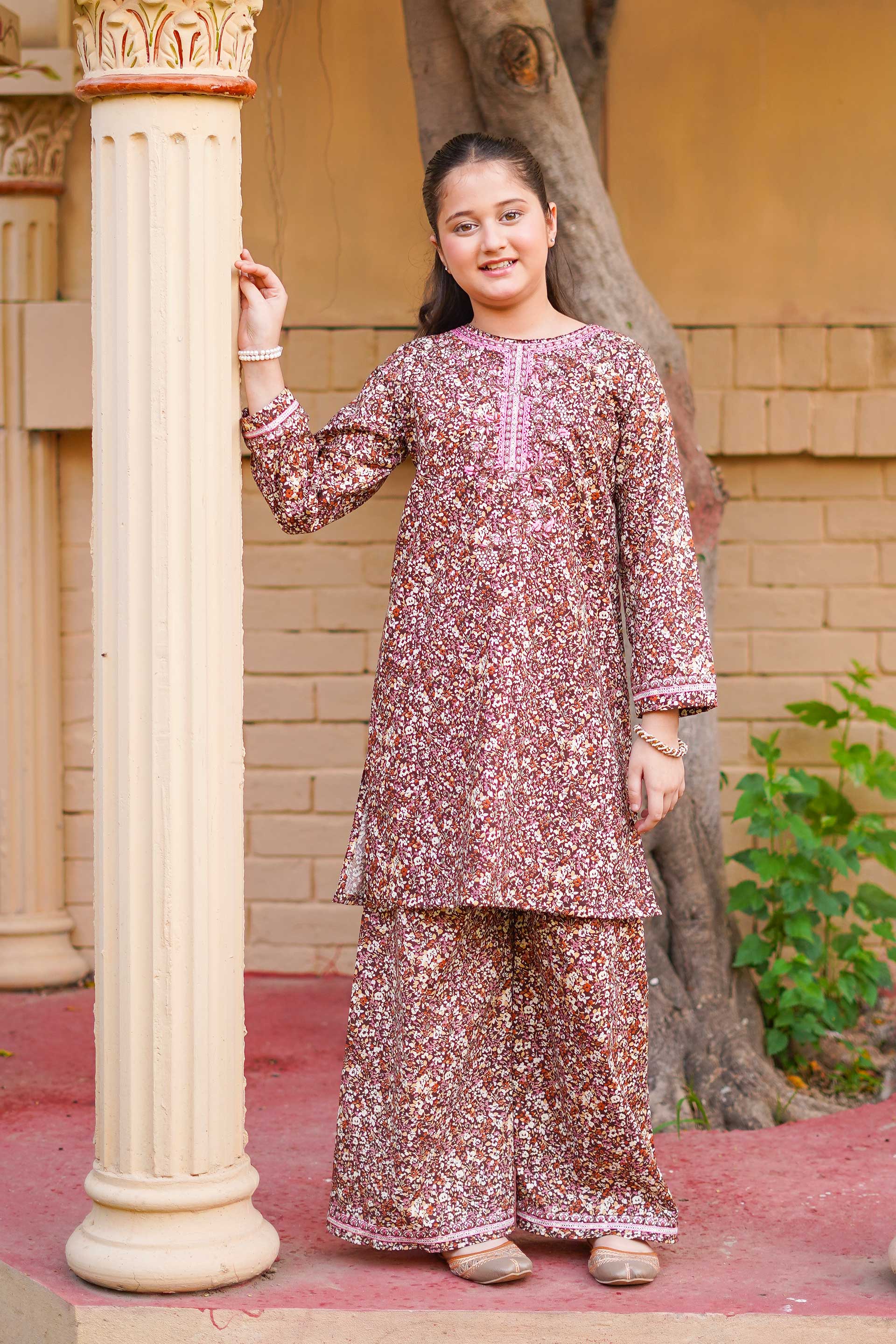 Cocoa Blossom Charm – Imported Printed China Lawn 2Pc – Coffee Brown (RTW)