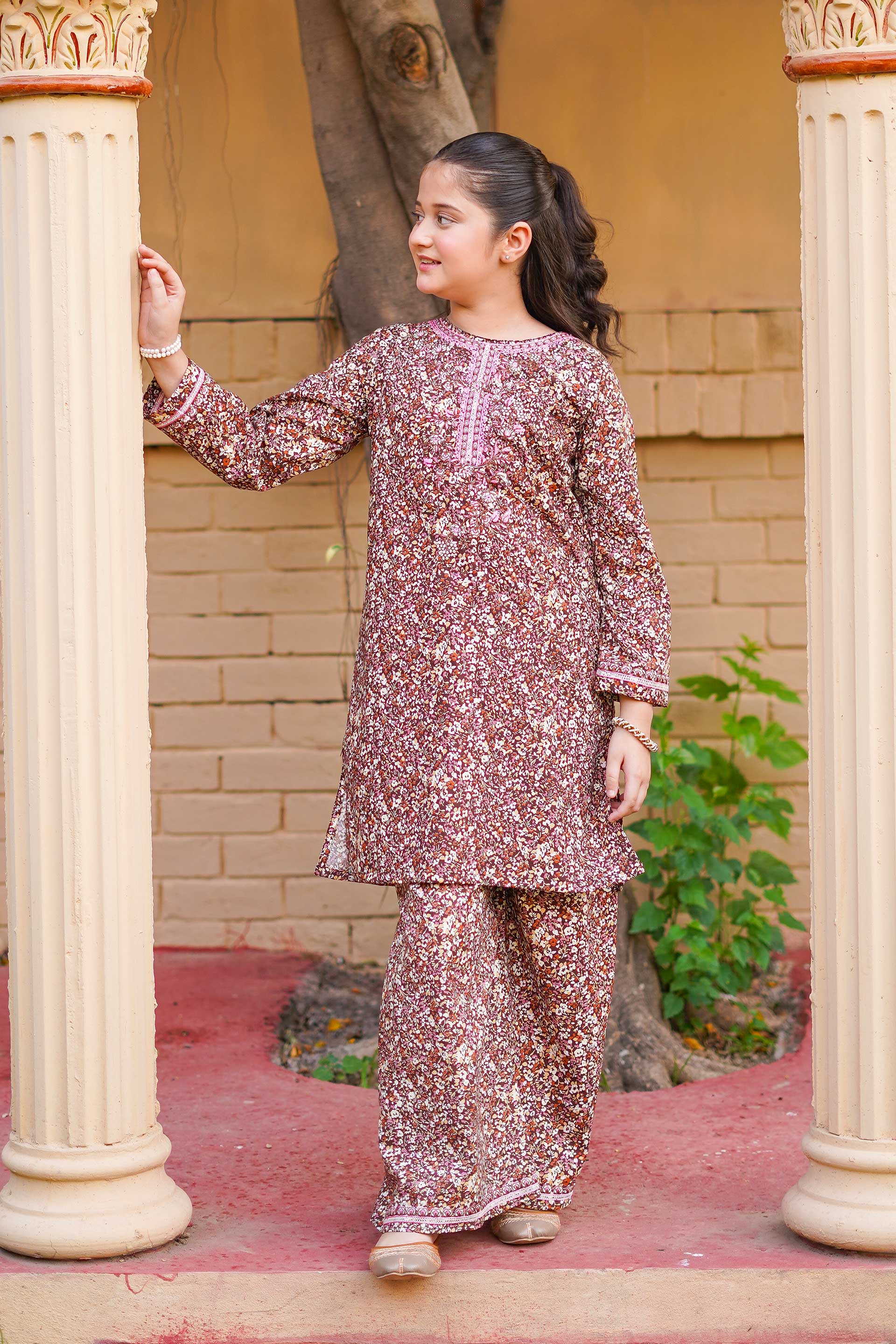 Cocoa Blossom Charm – Imported Printed China Lawn 2Pc – Coffee Brown (RTW)