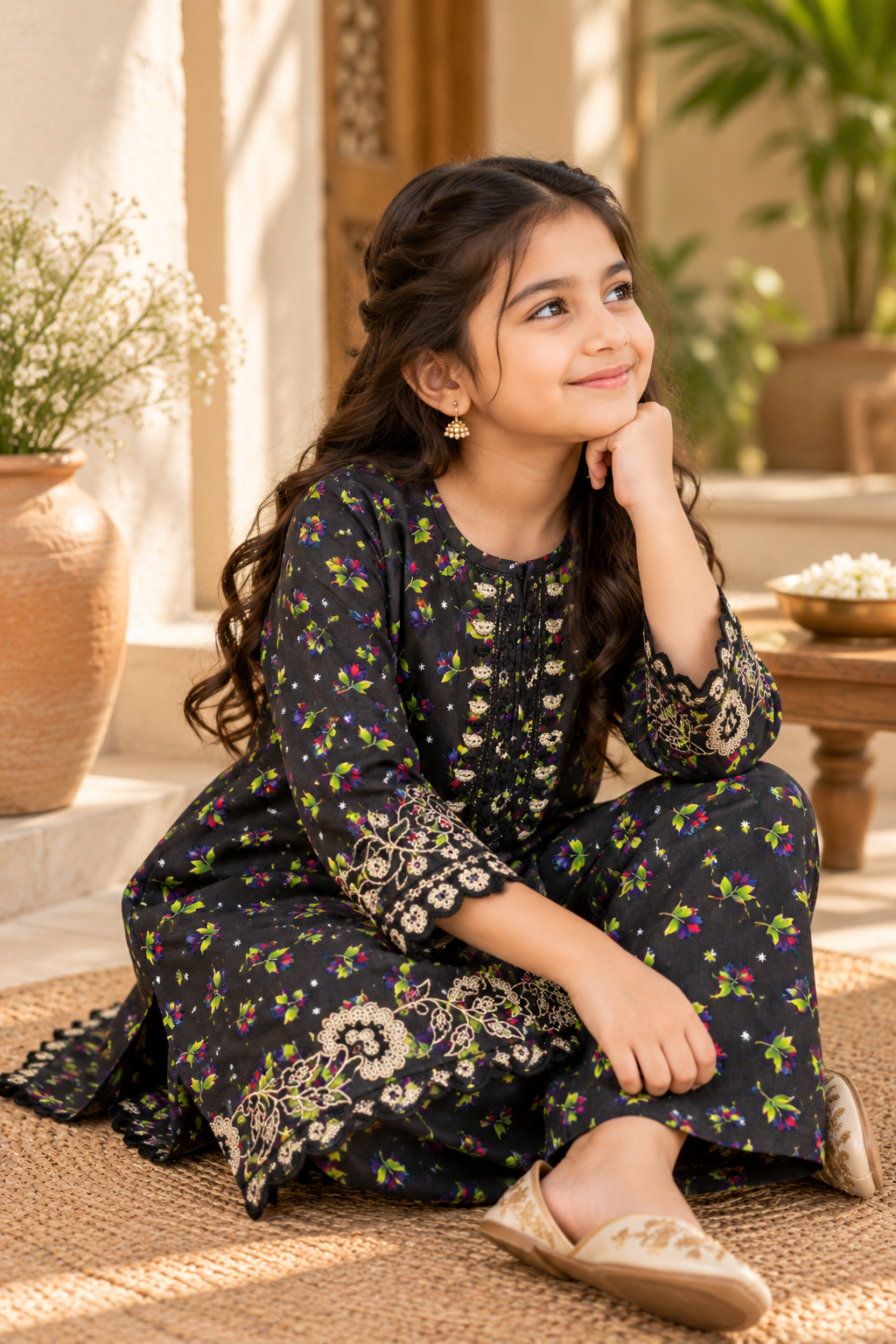 Noir Bloom Kids Suit Printed Winter Imported Kotrai with Embroidery 2Pc | Charcoal Black (RTW)