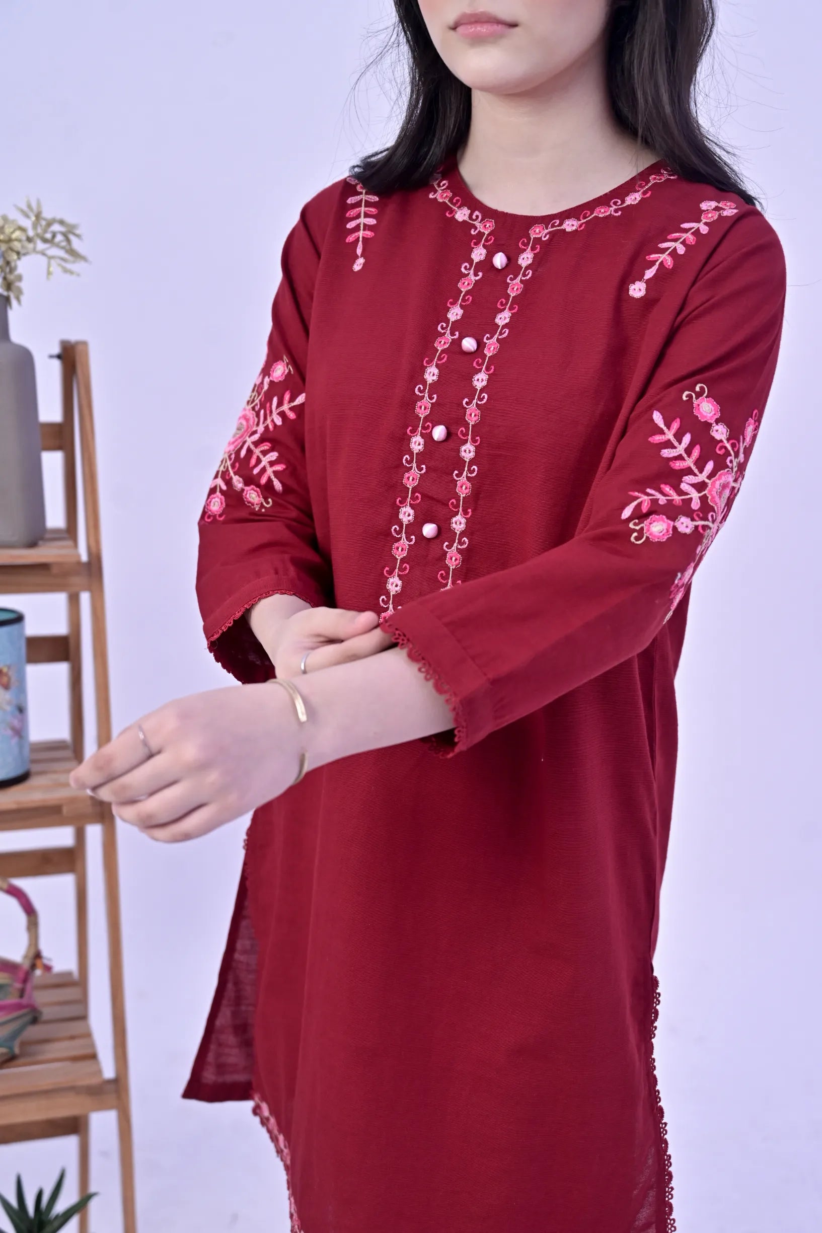 Crimson Charm Embroidered  Khaddar 02 Piece – Maroon (RTW)