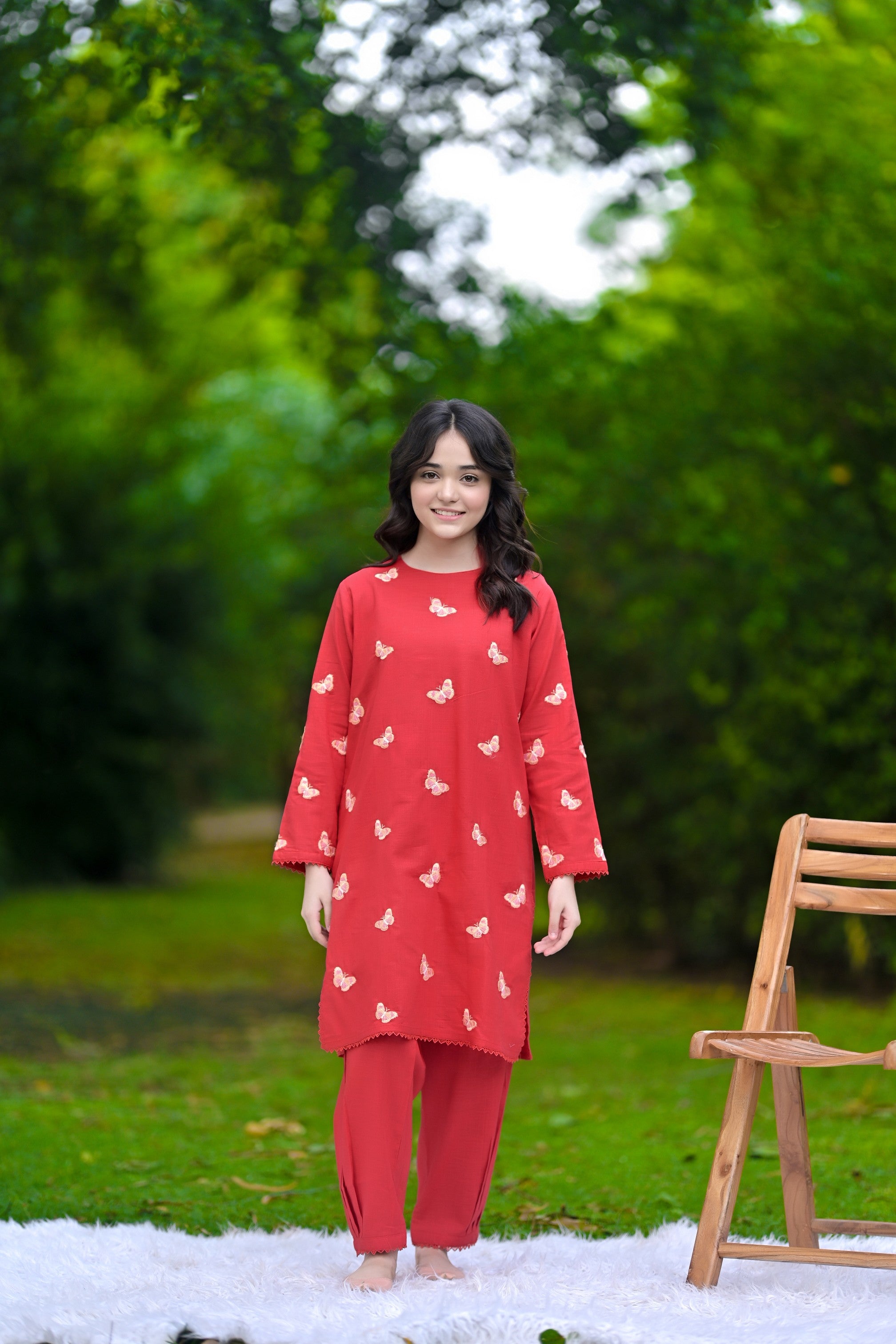 Butterfly Bloom Embroidered Khaddar 02 Piece – Crimson Red (RTW)