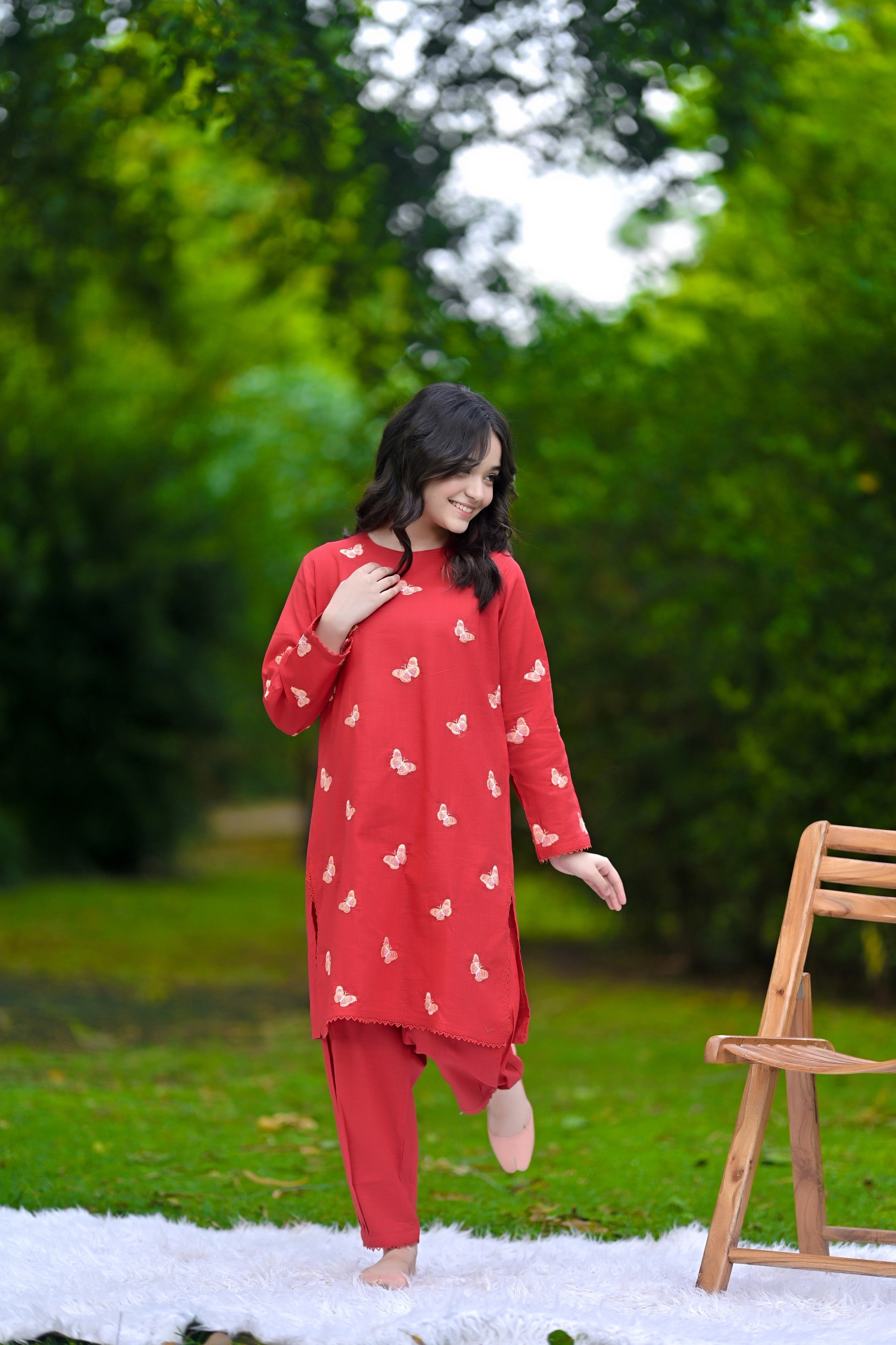 Butterfly Bloom Embroidered Khaddar 02 Piece – Crimson Red (RTW)