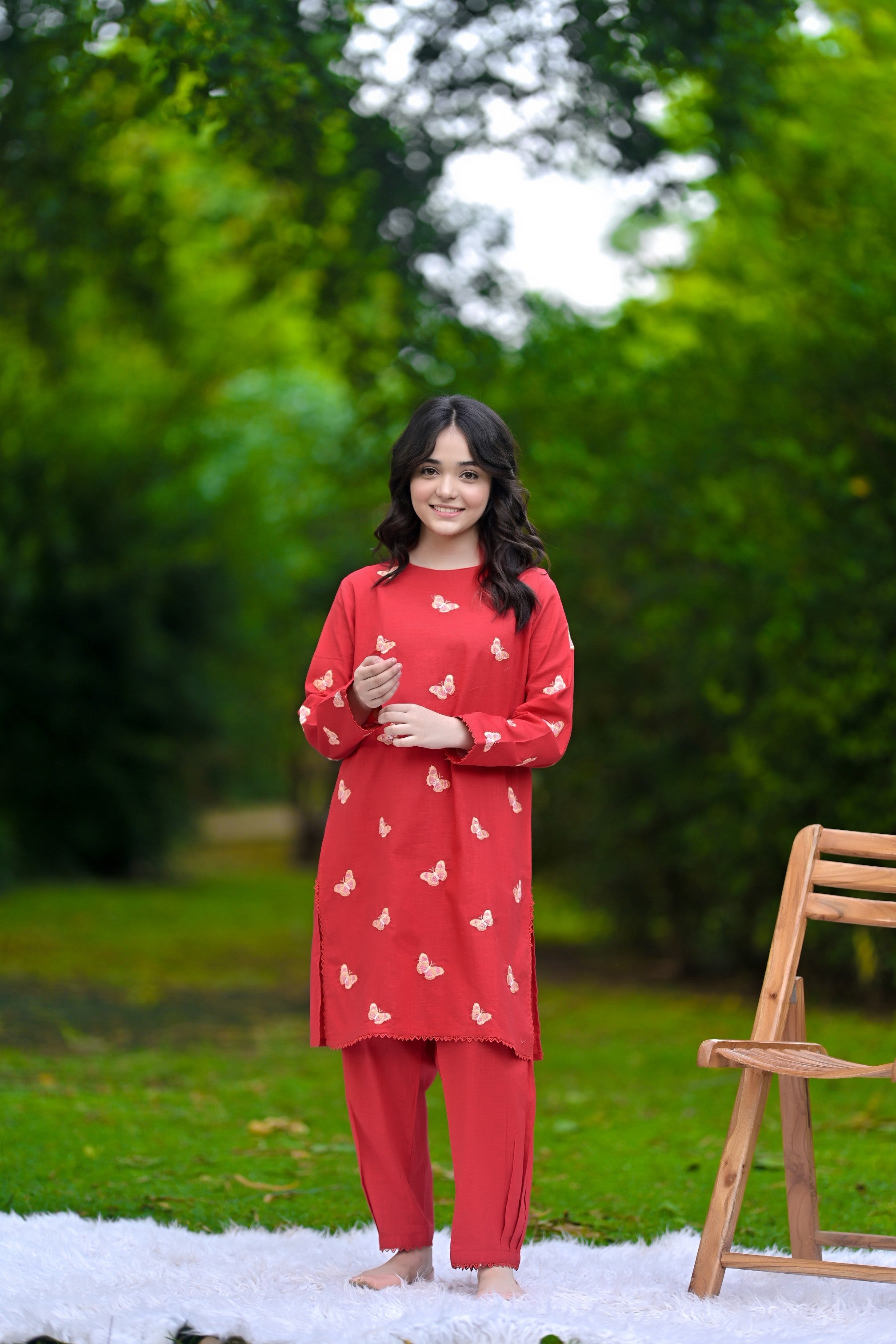 Butterfly Bloom Embroidered Khaddar 02 Piece – Crimson Red (RTW)