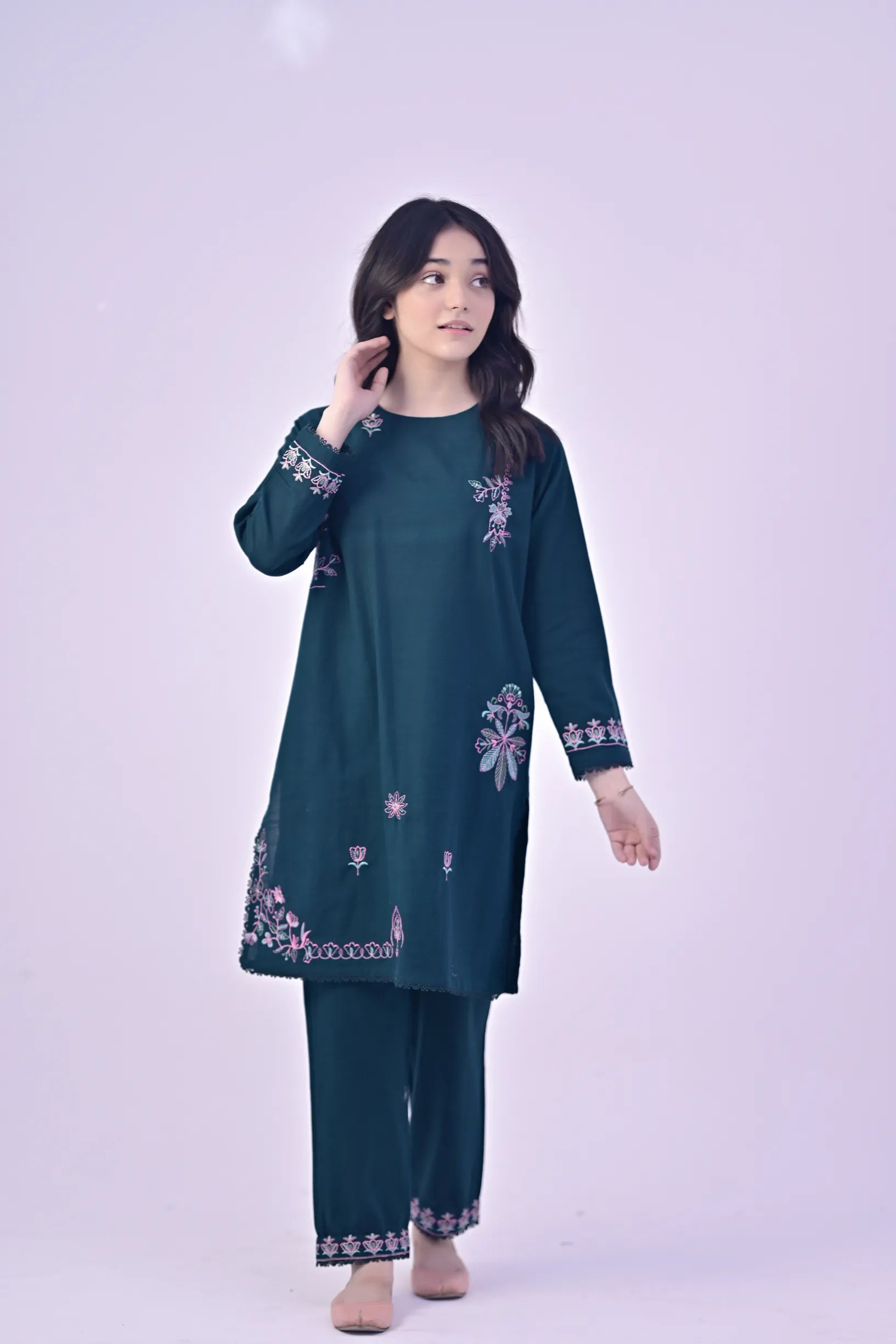 Peacock Reverie Embroidered Khaddar 02 Piece – Dark Green (RTW)