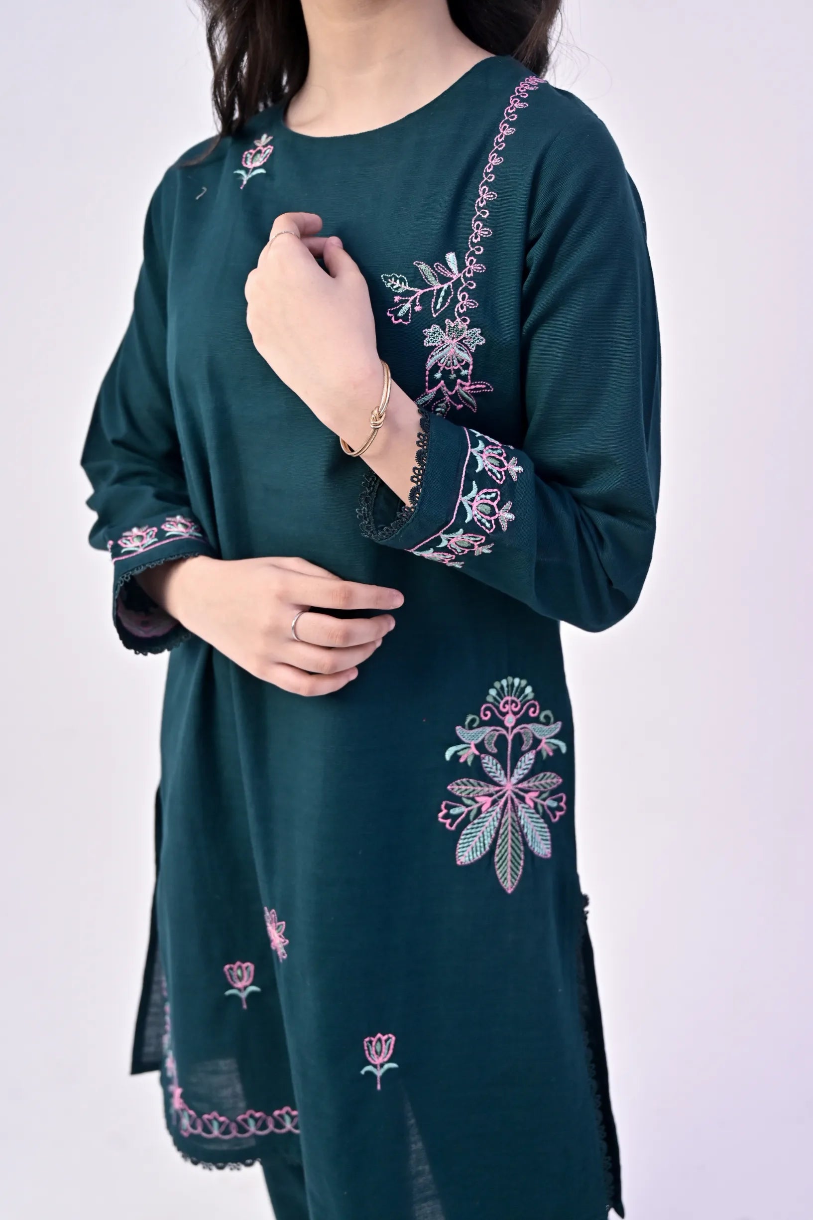 Peacock Reverie Embroidered Khaddar 02 Piece – Dark Green (RTW)
