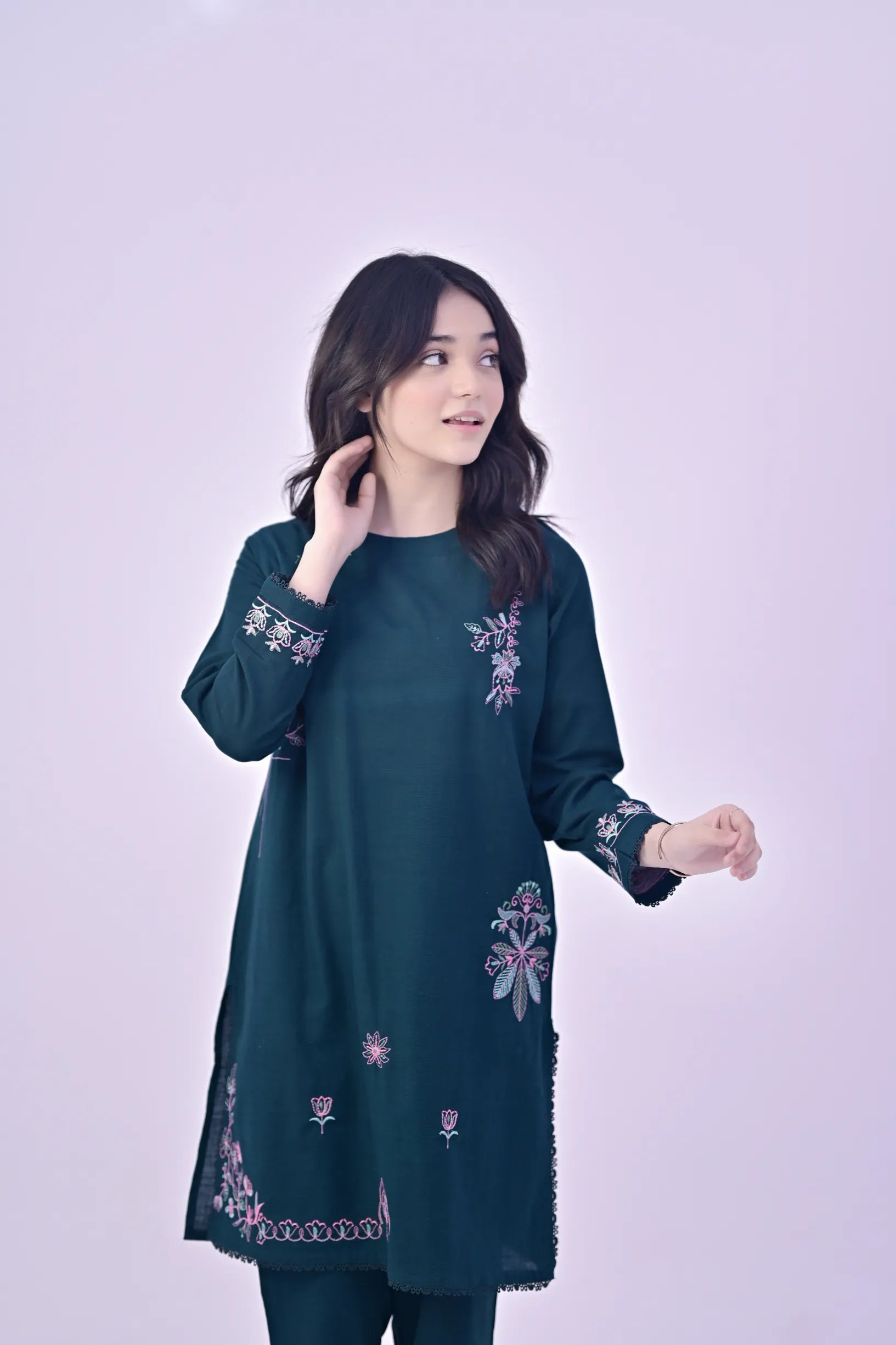 Peacock Reverie Embroidered Khaddar 02 Piece – Dark Green (RTW)