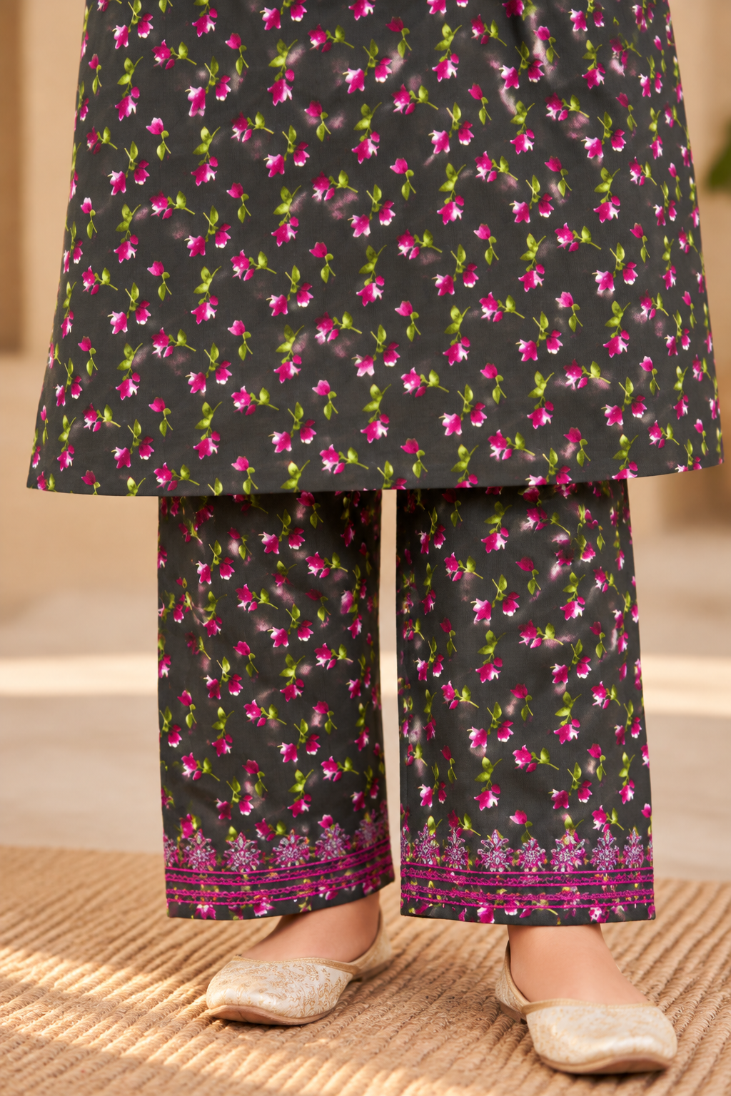 Charcoal Bloom Printed Kotrai Embroidered 2Pc Winter Suit