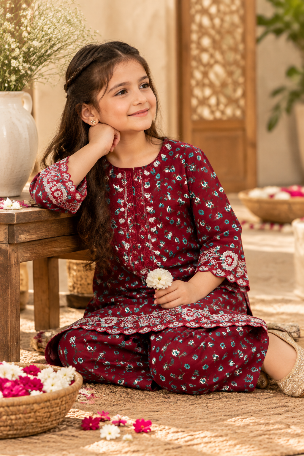 Ruby Blossom Kids Suit Printed Winter Imported Kotrai 2Pc |  Burgundy Bloom