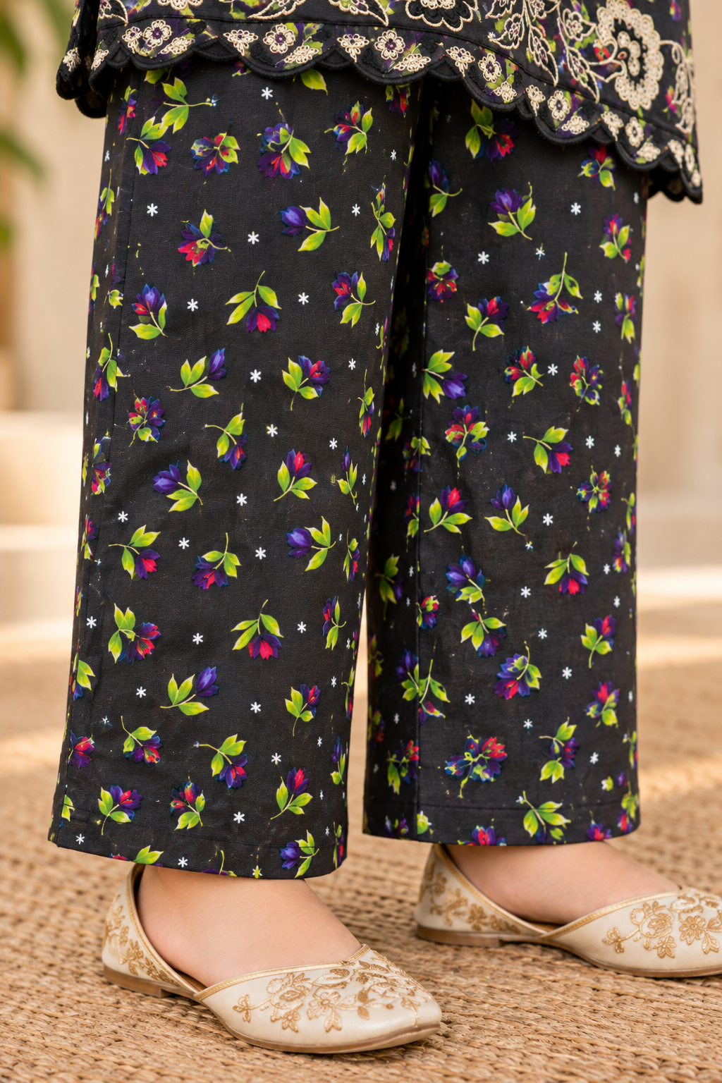 Noir Bloom Kids Suit Printed Winter Imported Kotrai with Embroidery 2Pc | Charcoal Black (RTW)