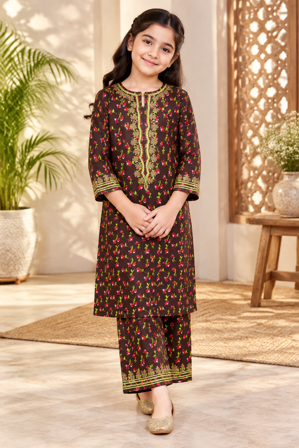 Heritage Floral Kotrai 2Pc – Brown Winter Outfit