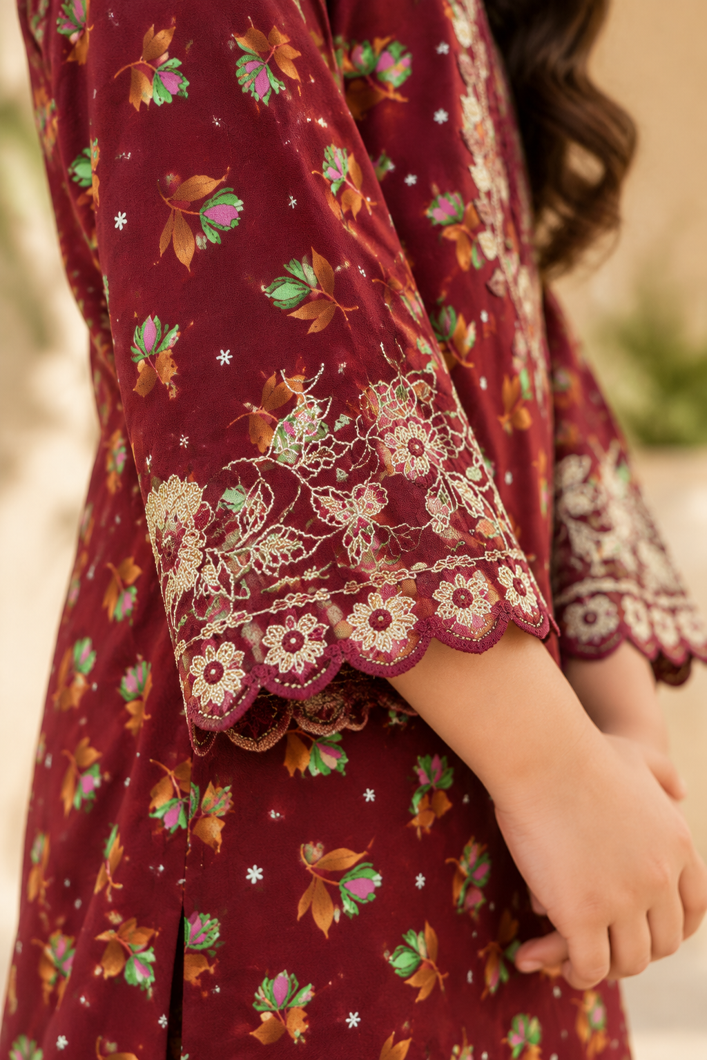 Burgundy Bloom Printed Kotrai Embroidered 2Pc Winter Suit