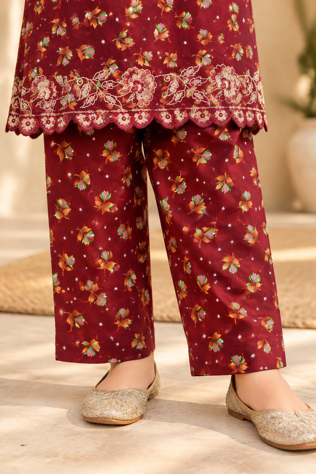 Burgundy Bloom Printed Kotrai Embroidered 2Pc Winter Suit