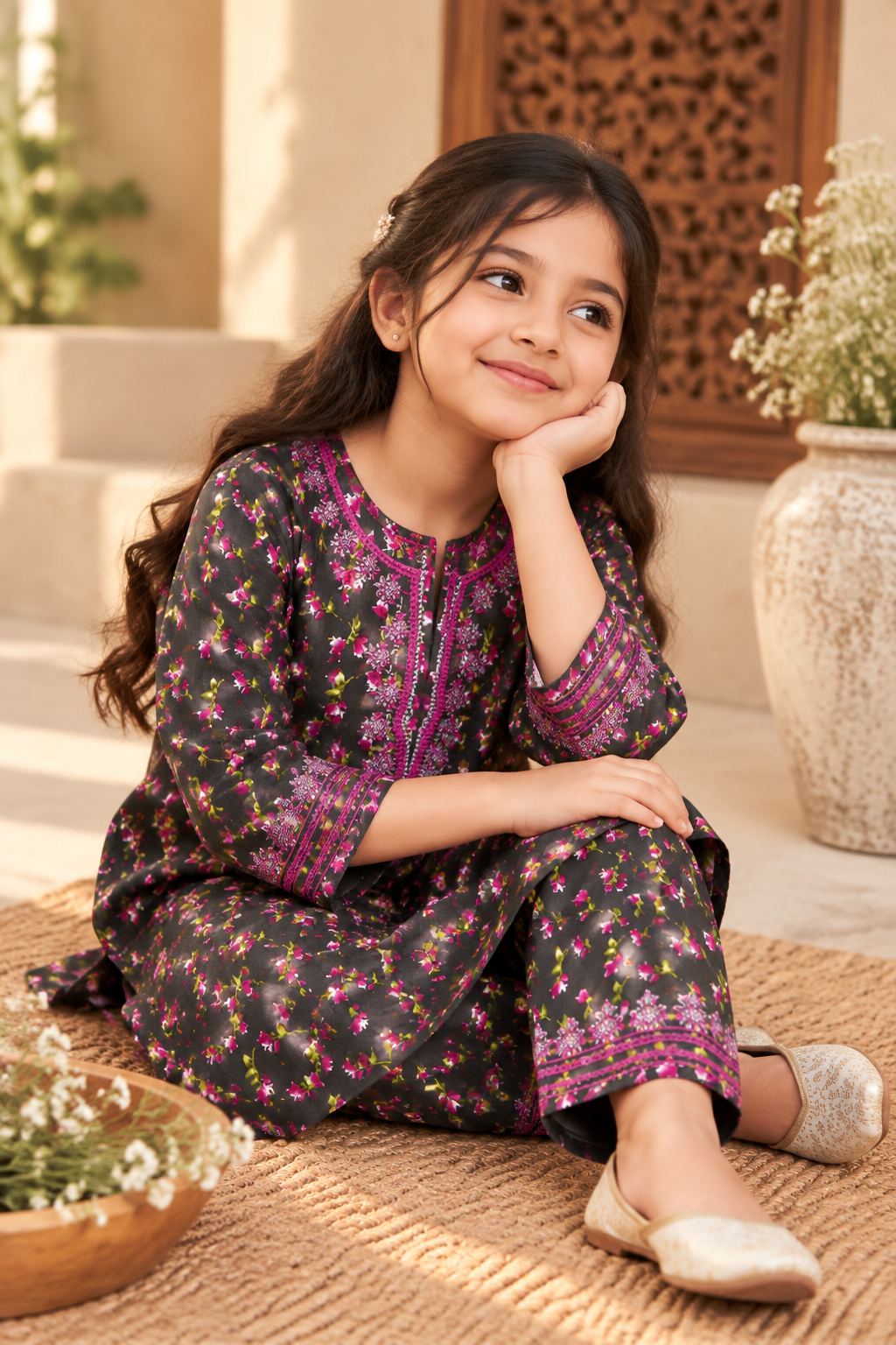 Charcoal Bloom Printed Kotrai Embroidered 2Pc Winter Suit