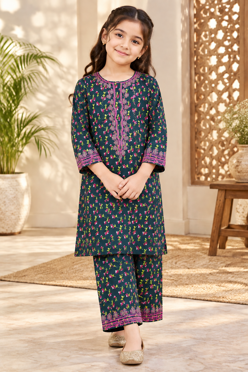 Noorvine Floral Charm Printed Winter Imported Kotrai Embroidered 2Pc | Midnight Teal