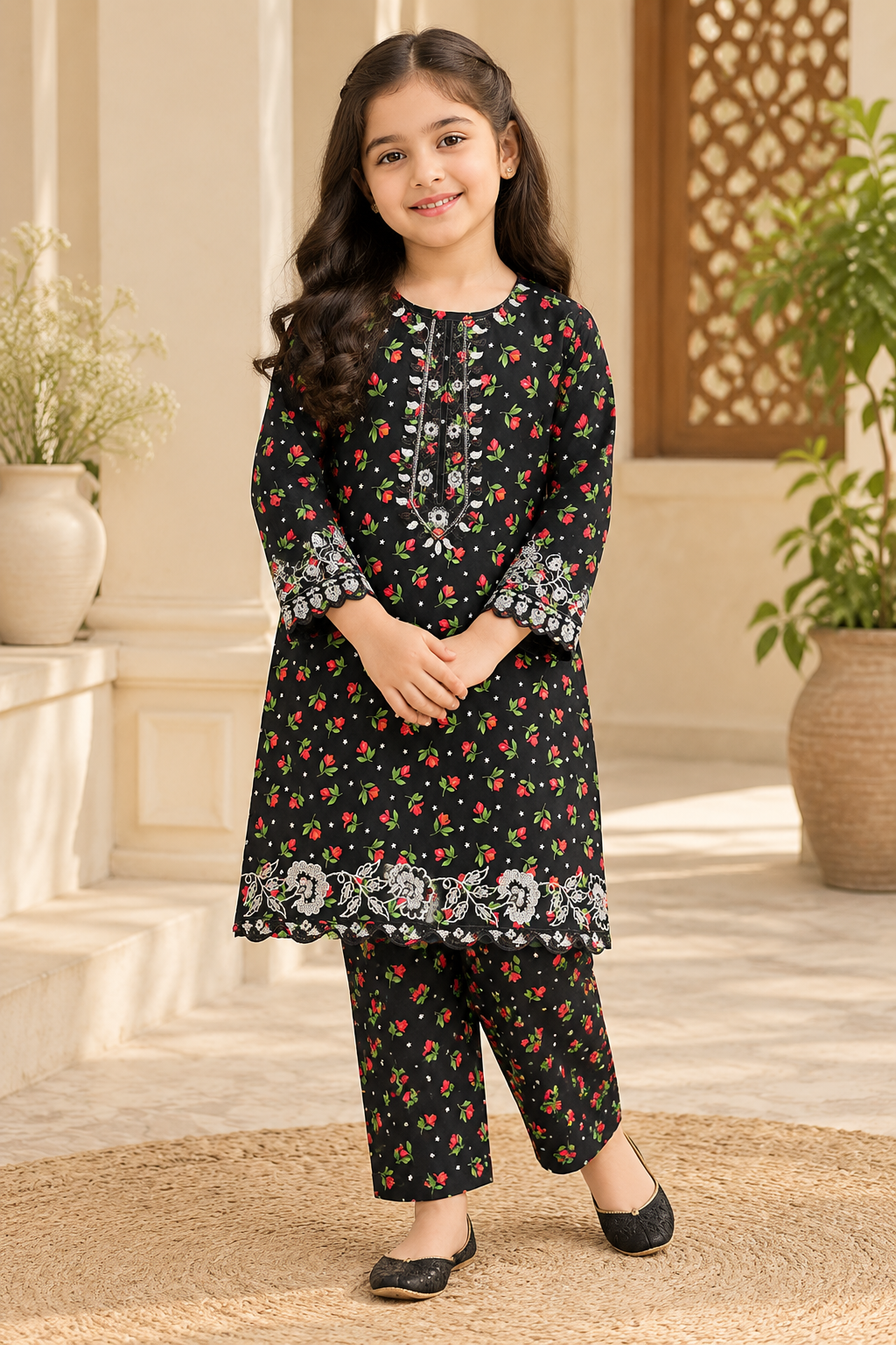Black Bloom Printed Kotrai Embroidered 2Pc Winter Suit