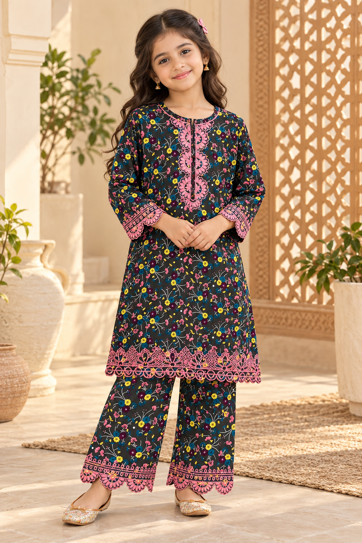 Premium Kotrai Winter 2Pc – Navy with Pink Embroidery